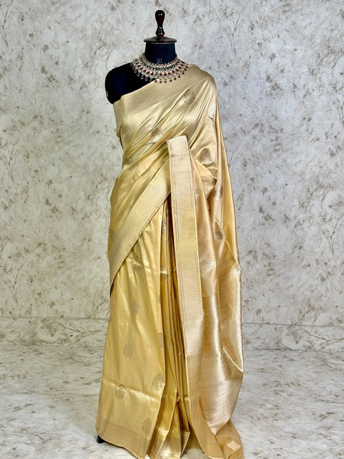 Champagne Gold Pure Katan Silk Banarasi Kadhwa Buta Handloom Ektara Weaved Saree with Zari Border - Katan Banaras