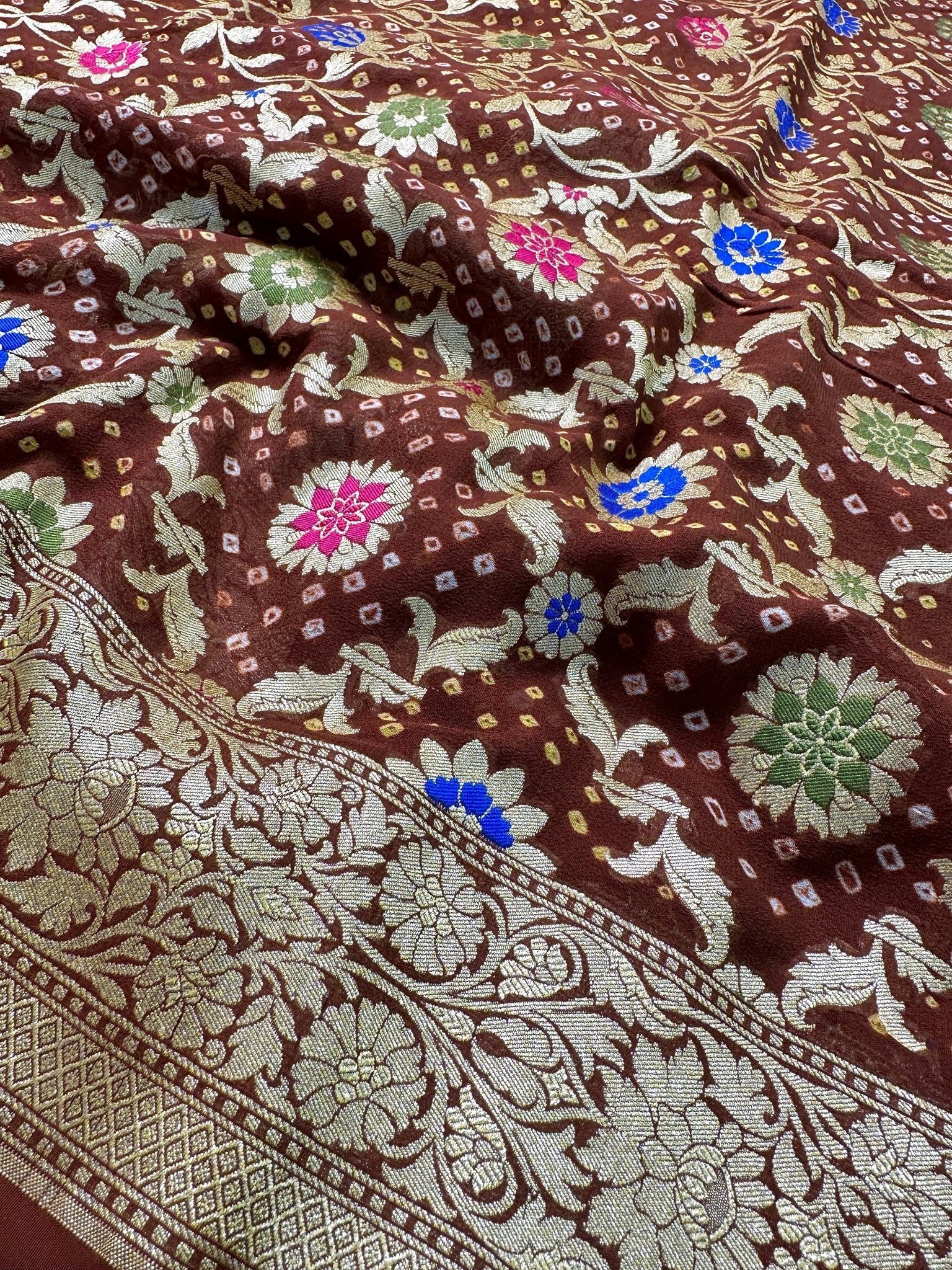 Coffee Brown Pure Khaddi Georgette Bandhani Saree with Tilfi Minakari work - Katan Banaras