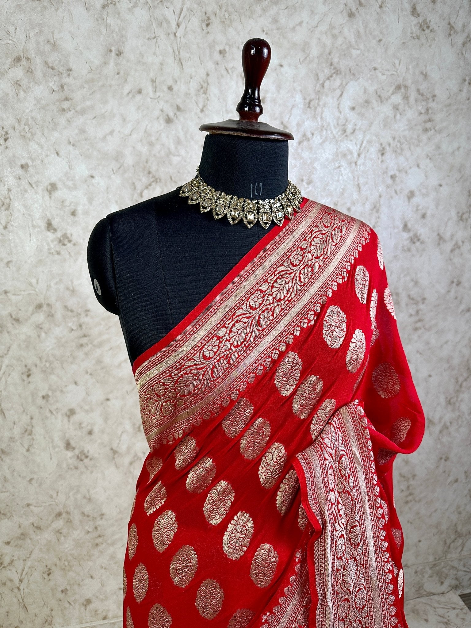 Crimson Red Khaddi Georgette Banarasi Saree with Silver Zari Buti and Ornate Floral Border - Katan Banaras