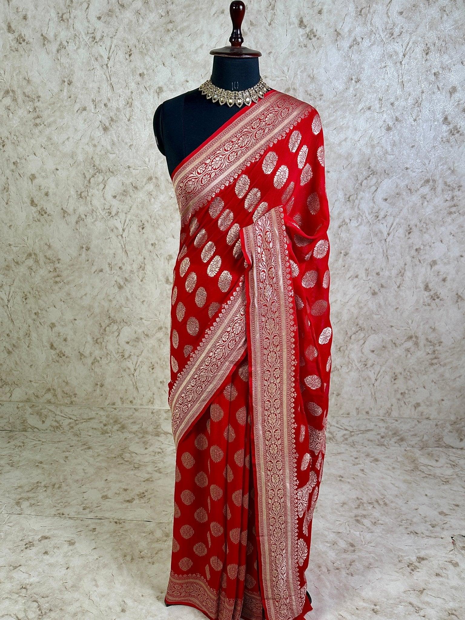 Crimson Red Khaddi Georgette Banarasi Saree with Silver Zari Buti and Ornate Floral Border - Katan Banaras