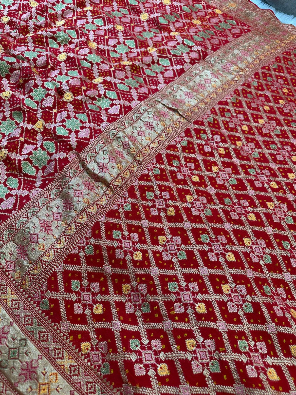 Crimson Red Pure Khaddi Georgette Bandhani Saree with Tilfi Minakari & Banarasi Zari Border - Katan Banaras