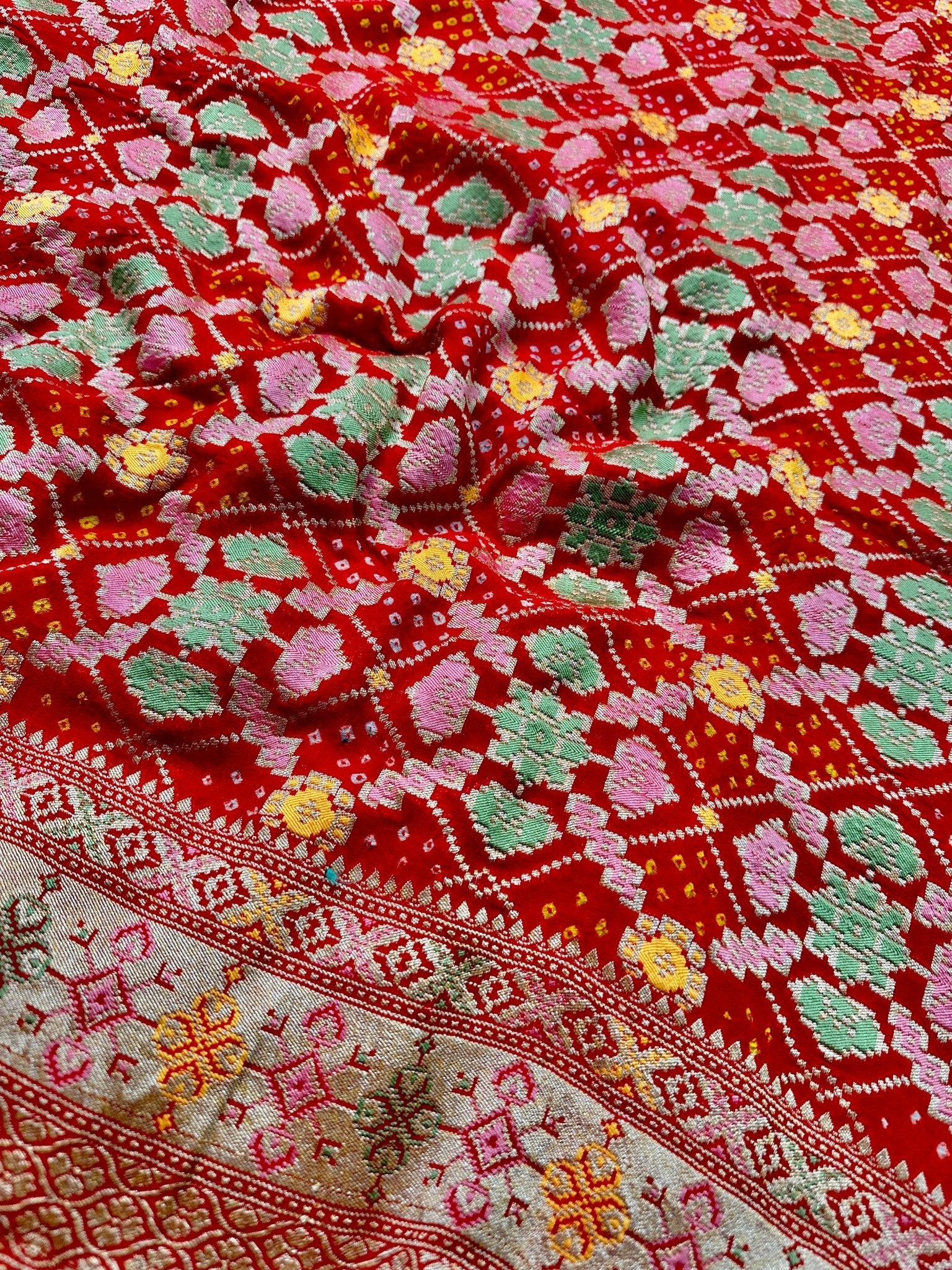 Crimson Red Pure Khaddi Georgette Bandhani Saree with Tilfi Minakari & Banarasi Zari Border - Katan Banaras