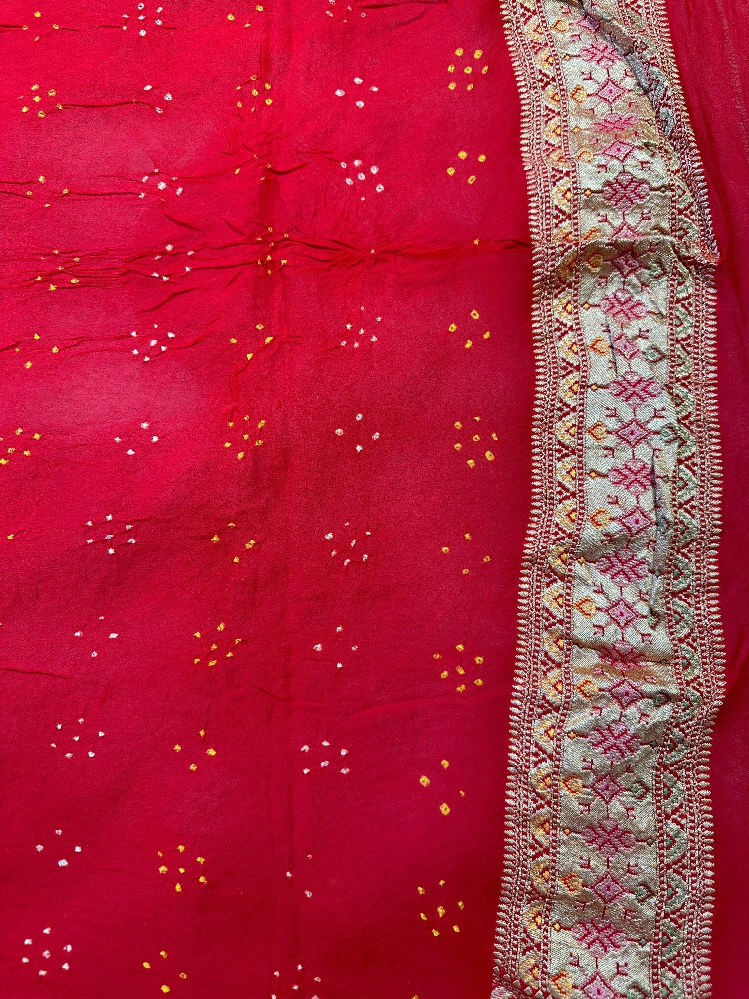 Crimson Red Pure Khaddi Georgette Bandhani Saree with Tilfi Minakari & Banarasi Zari Border - Katan Banaras