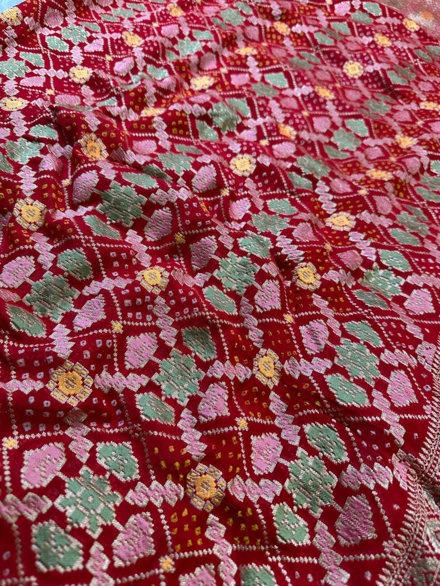 Crimson Red Pure Khaddi Georgette Bandhani Saree with Tilfi Minakari & Banarasi Zari Border - Katan Banaras