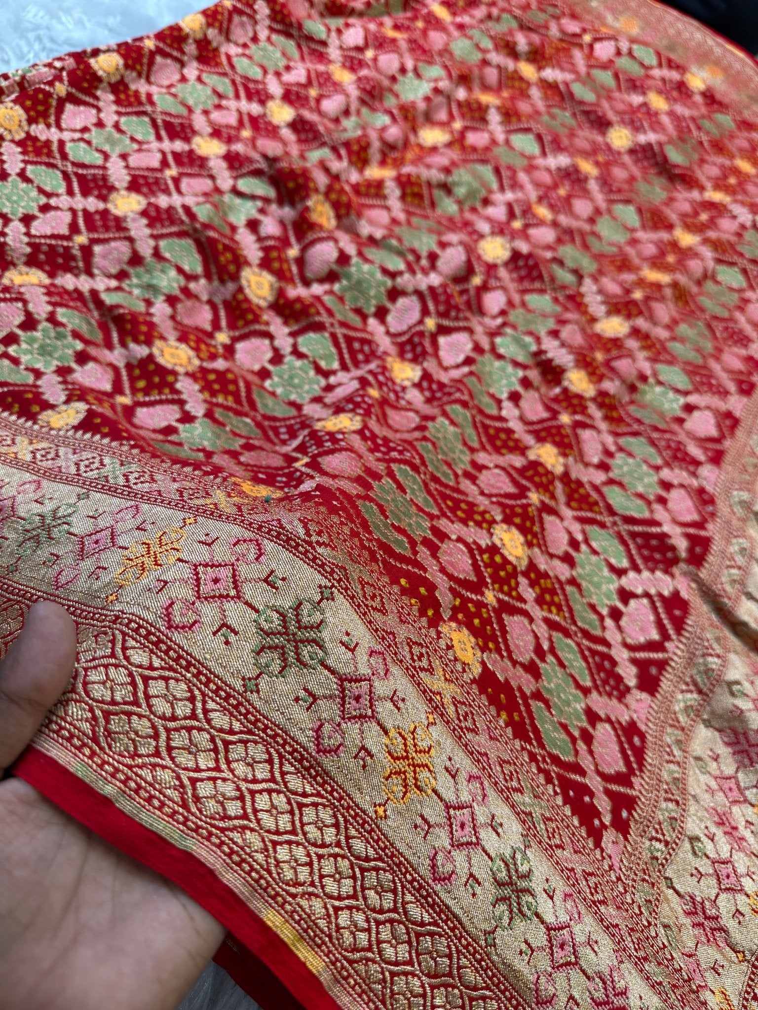 Crimson Red Pure Khaddi Georgette Bandhani Saree with Tilfi Minakari & Banarasi Zari Border - Katan Banaras