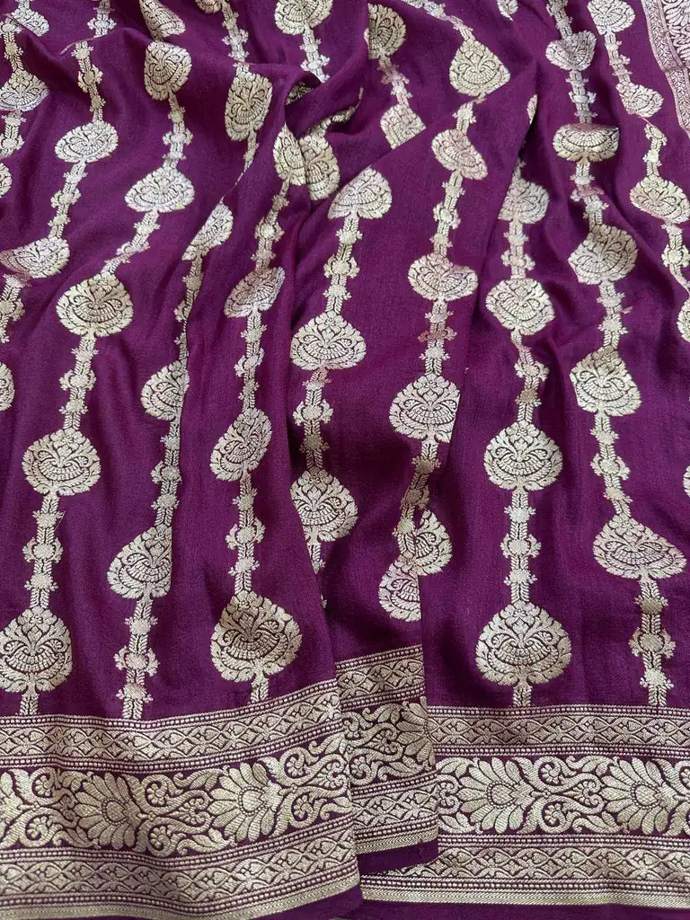 Dark Purple Pure Moonga Silk Banarasi Saree with Gold Zari and Uppada Handloom Weave - back view | Pure Moonga Silk Banarasi Saree