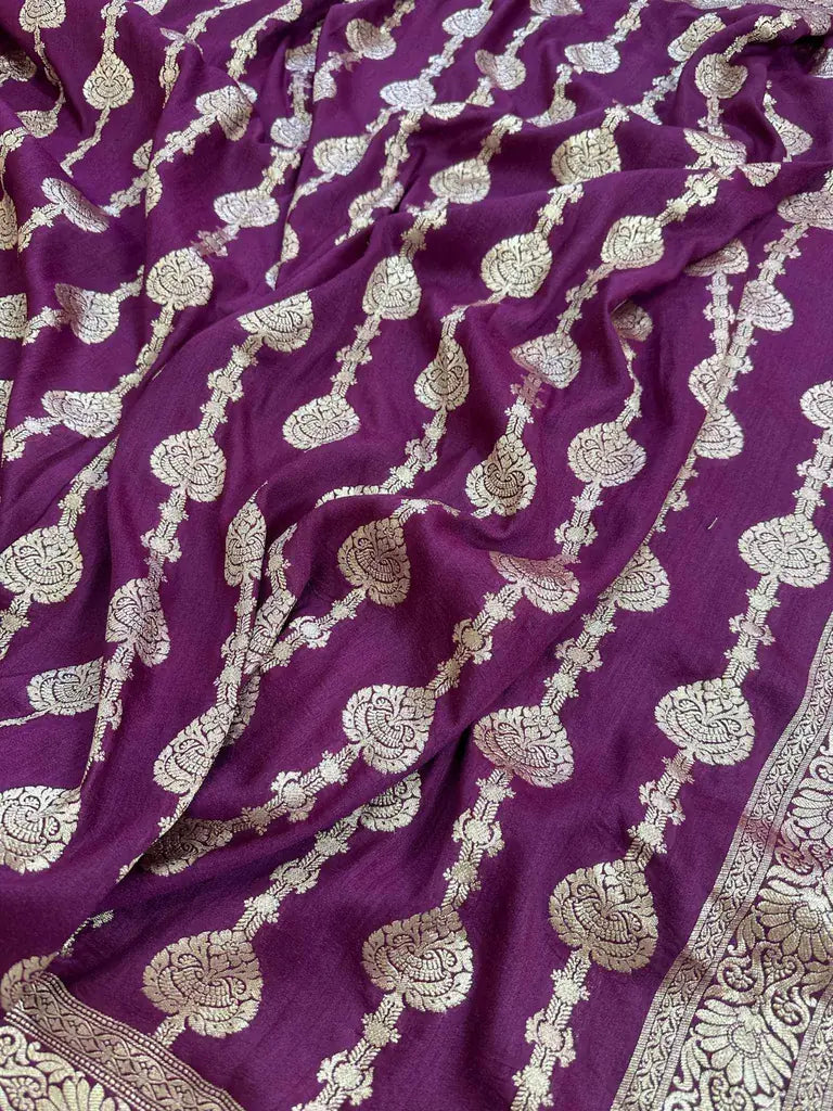Dark Purple Pure Moonga Silk Banarasi Saree with Gold Zari and Uppada Handloom Weave - drape side view | Pure Moonga Silk Banarasi Saree