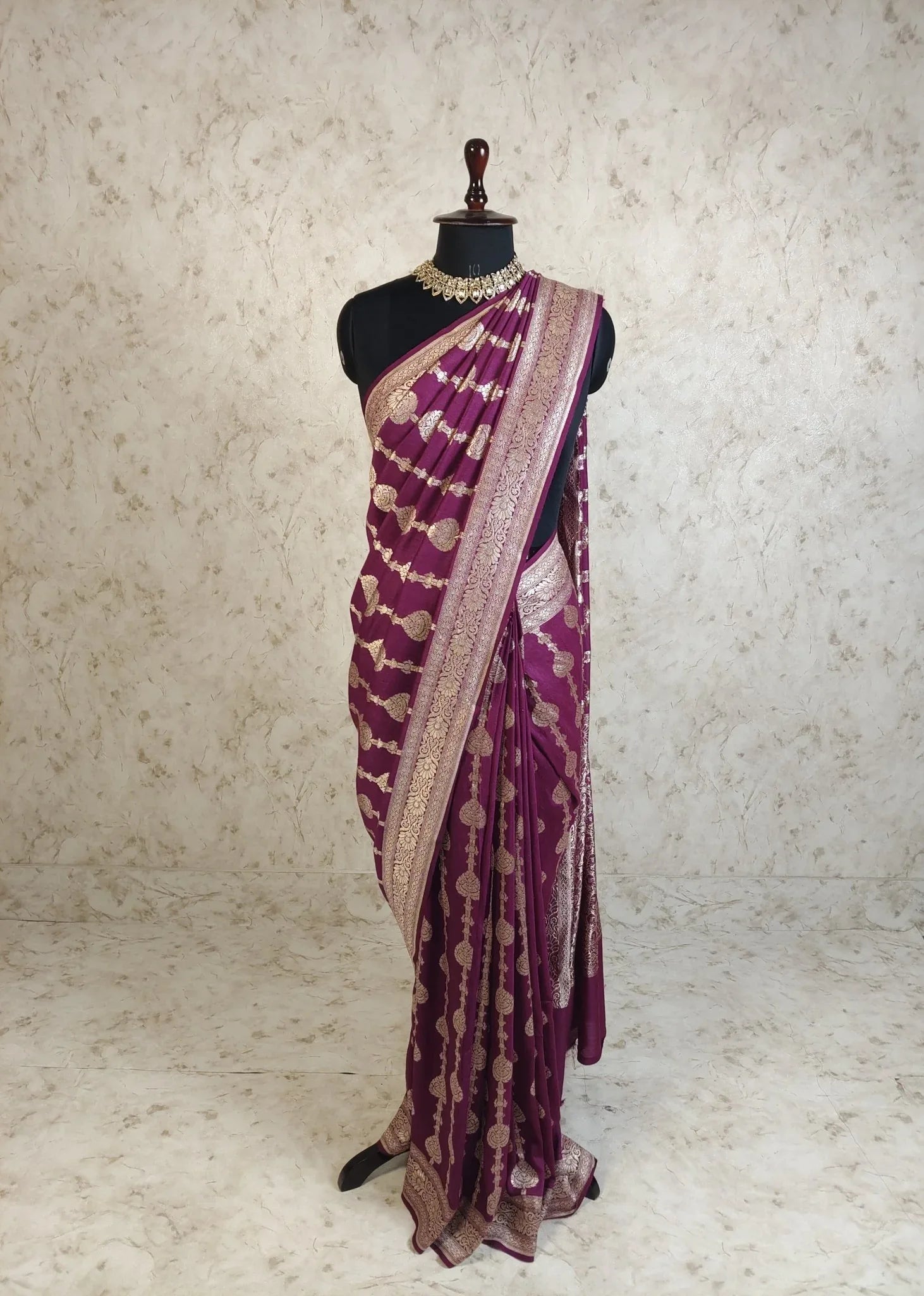 Dark Purple Pure Moonga Silk Banarasi Saree with Gold Zari and Uppada Handloom Weave - front view | Pure Moonga Silk Banarasi Saree