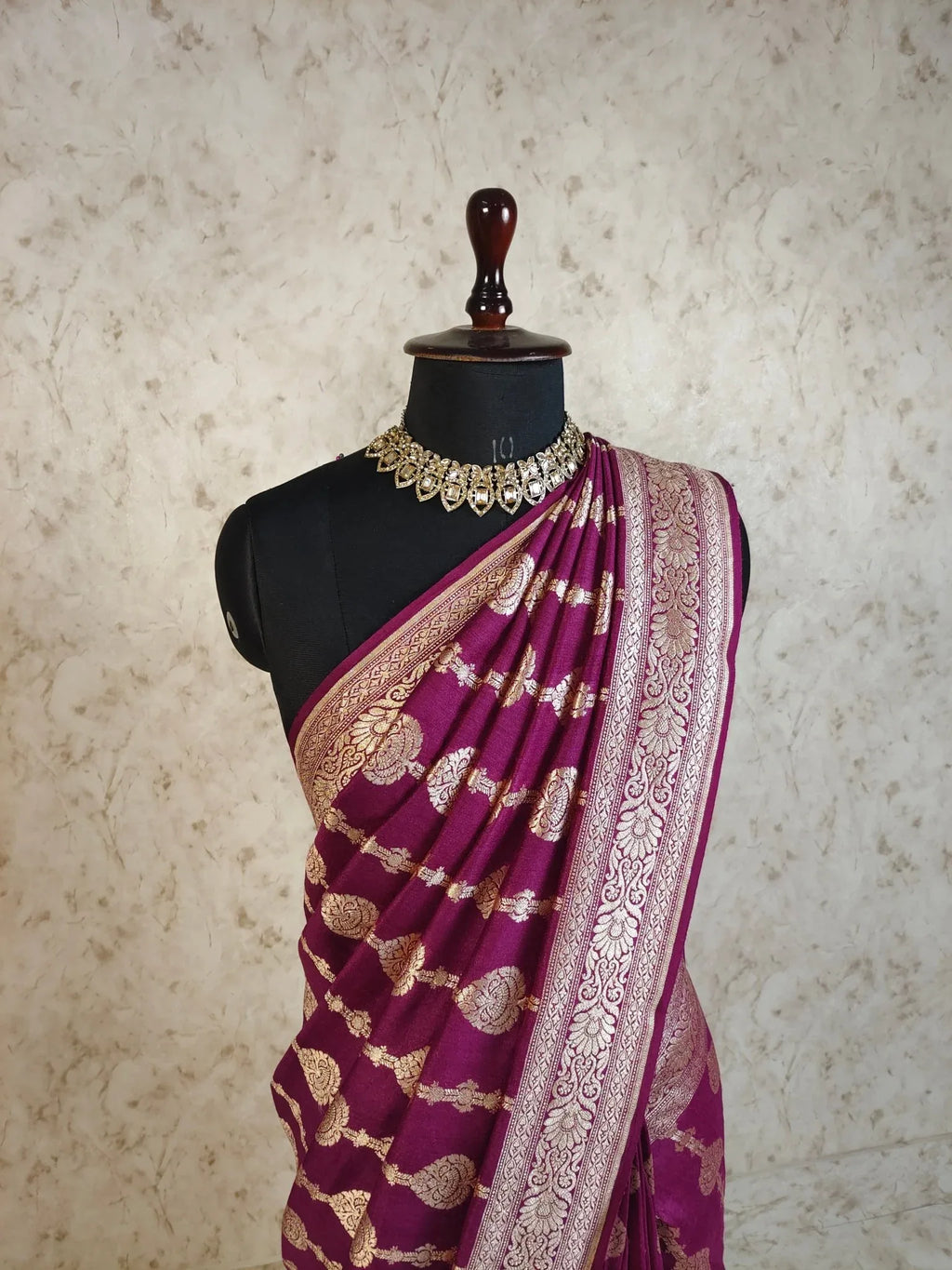 Dark Purple Pure Moonga Silk Banarasi Saree with Gold Zari and Uppada Handloom Weave - Katan Banaras