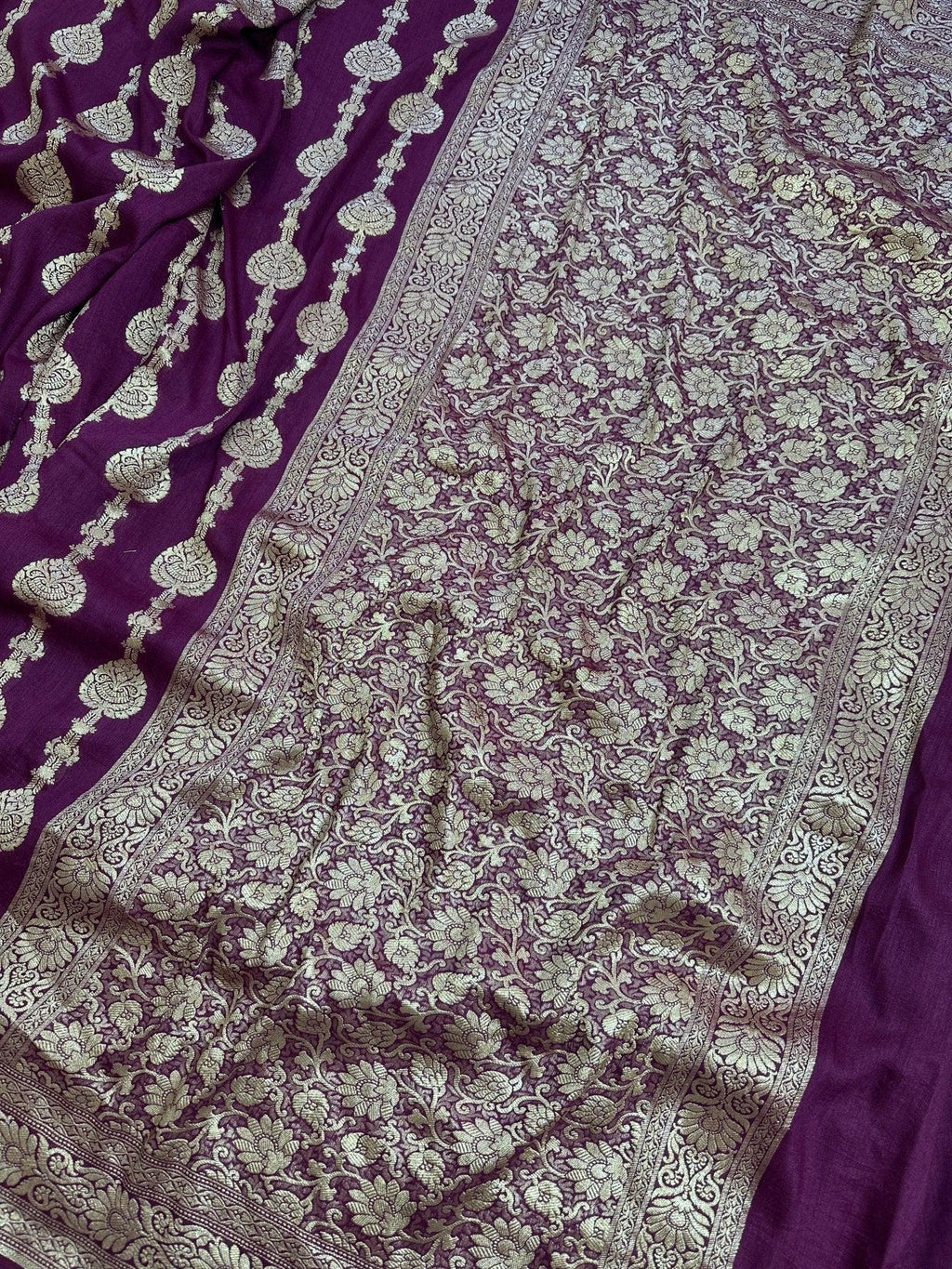 Dark Purple Pure Moonga Silk Banarasi Saree with Gold Zari and Uppada Handloom Weave - Katan Banaras