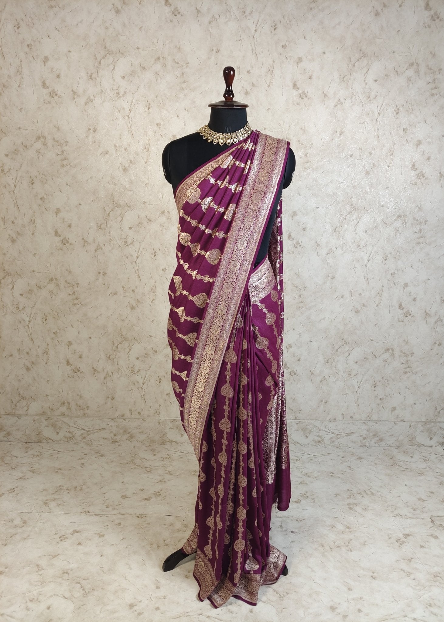 Dark Purple Pure Moonga Silk Banarasi Saree with Gold Zari and Uppada Handloom Weave - Katan Banaras