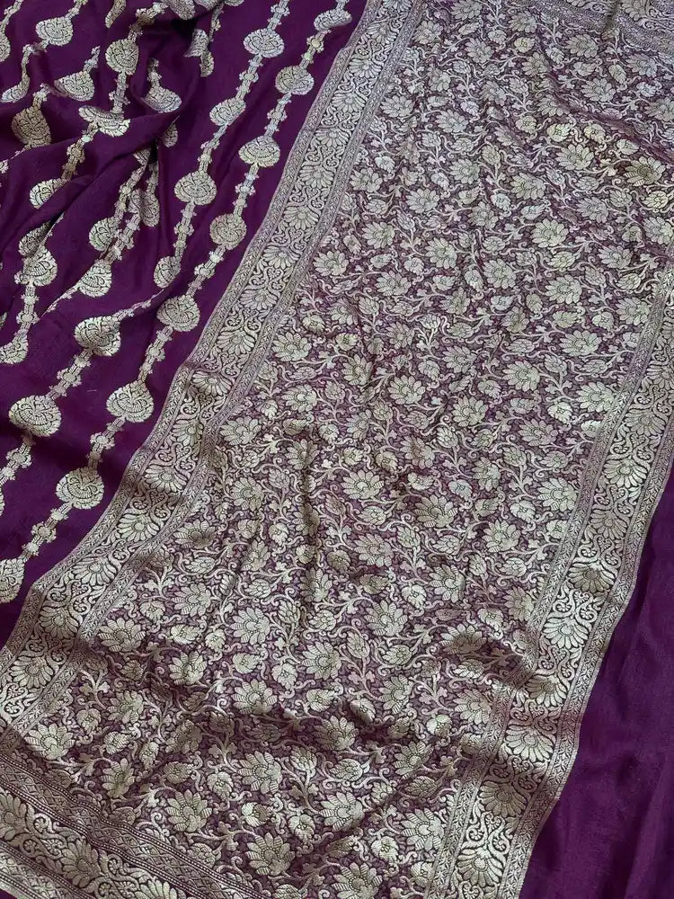 Dark Purple Pure Moonga Silk Banarasi Saree with Gold Zari and Uppada Handloom Weave - model wearing | Pure Moonga Silk Banarasi Saree