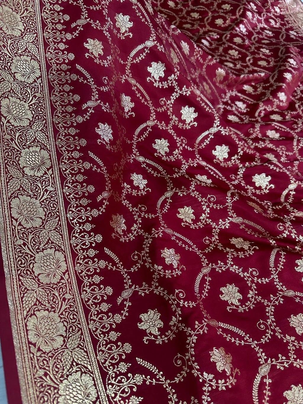 Dark Red Satin Silk Banarasi Saree with Designer Border and Mughal-Inspired Aanchal - Katan Banaras