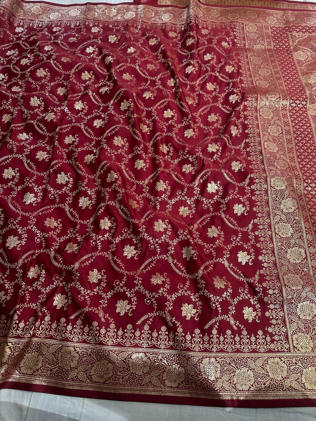 Dark Red Satin Silk Banarasi Saree with Designer Border and Mughal-Inspired Aanchal - Katan Banaras