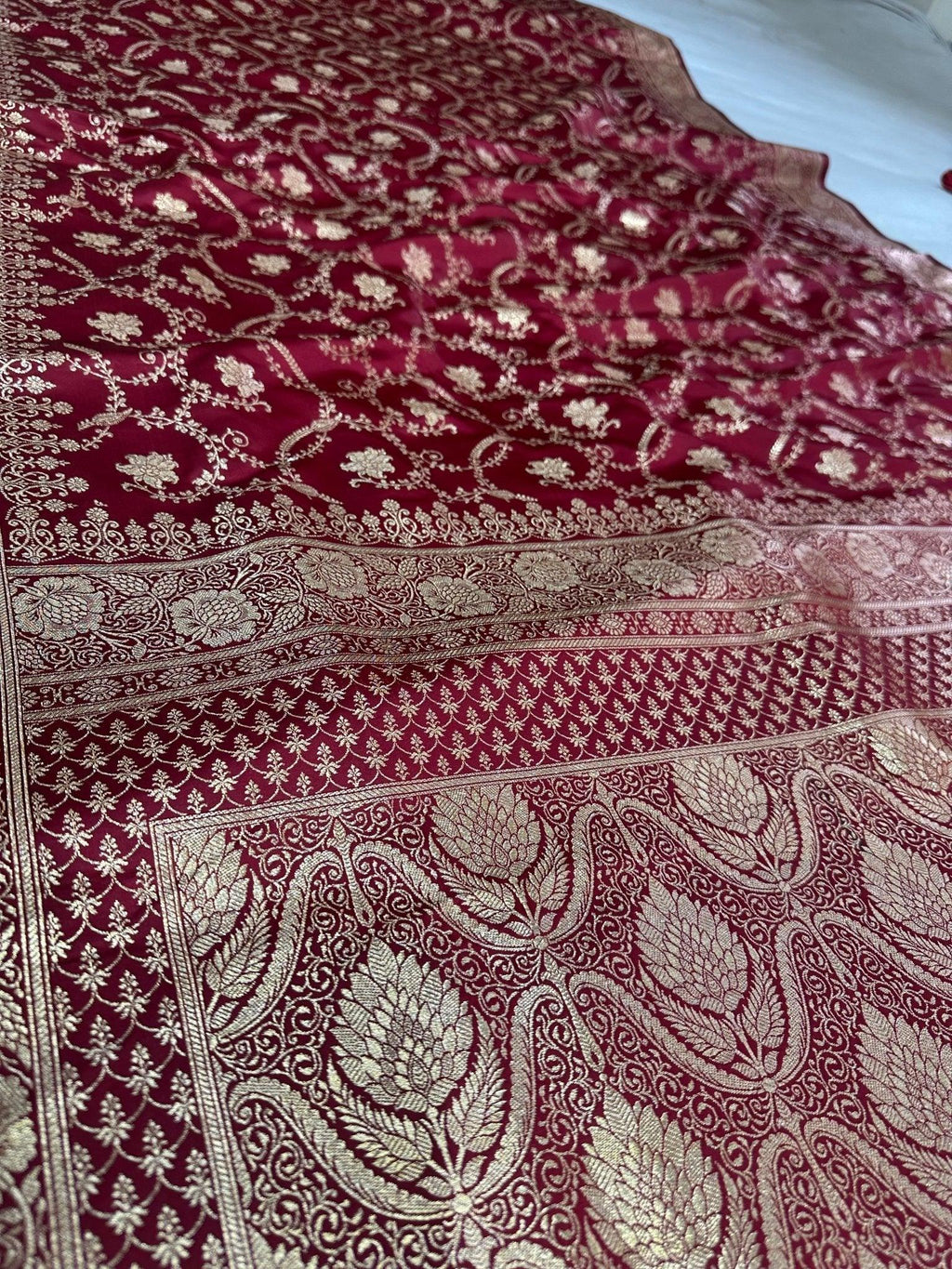 Dark Red Satin Silk Banarasi Saree with Designer Border and Mughal-Inspired Aanchal - Katan Banaras