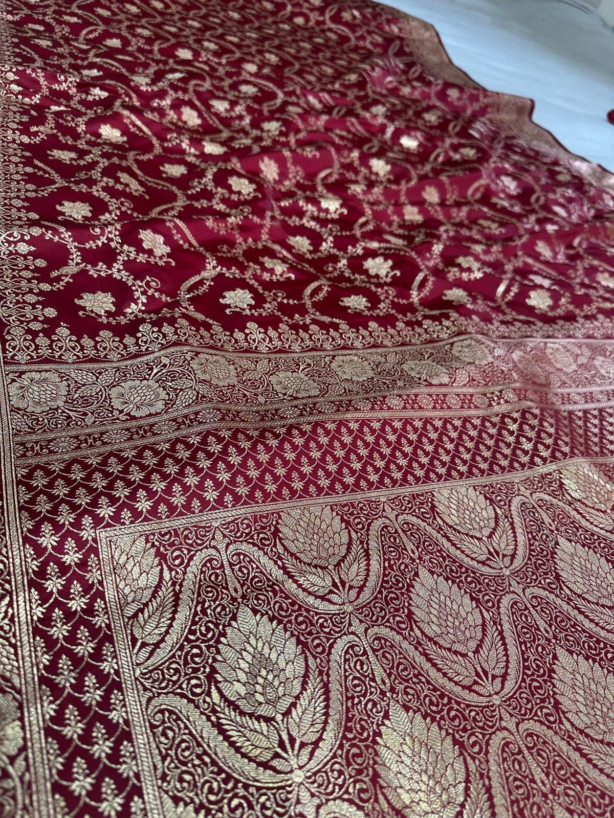 Dark Red Satin Silk Banarasi Saree with Designer Border and Mughal-Inspired Aanchal - Katan Banaras