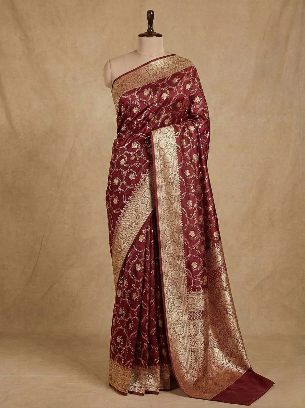 Dark Red Satin Silk Banarasi Saree with Designer Border and Mughal-Inspired Aanchal - Katan Banaras