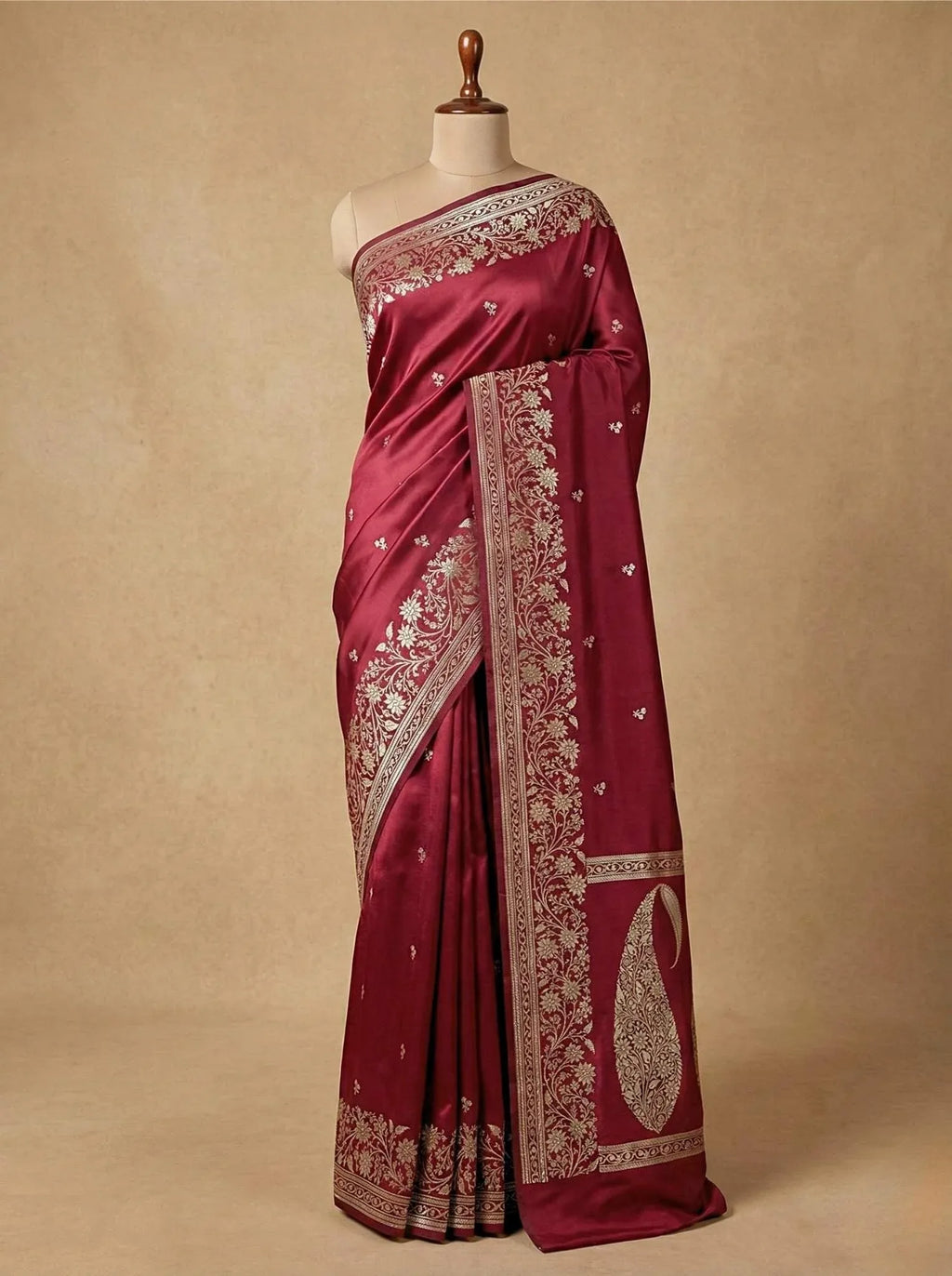 Deep Maroon Mashru Silk Zari Open Border Carry Aanchal Booti Saree - Katan Banaras