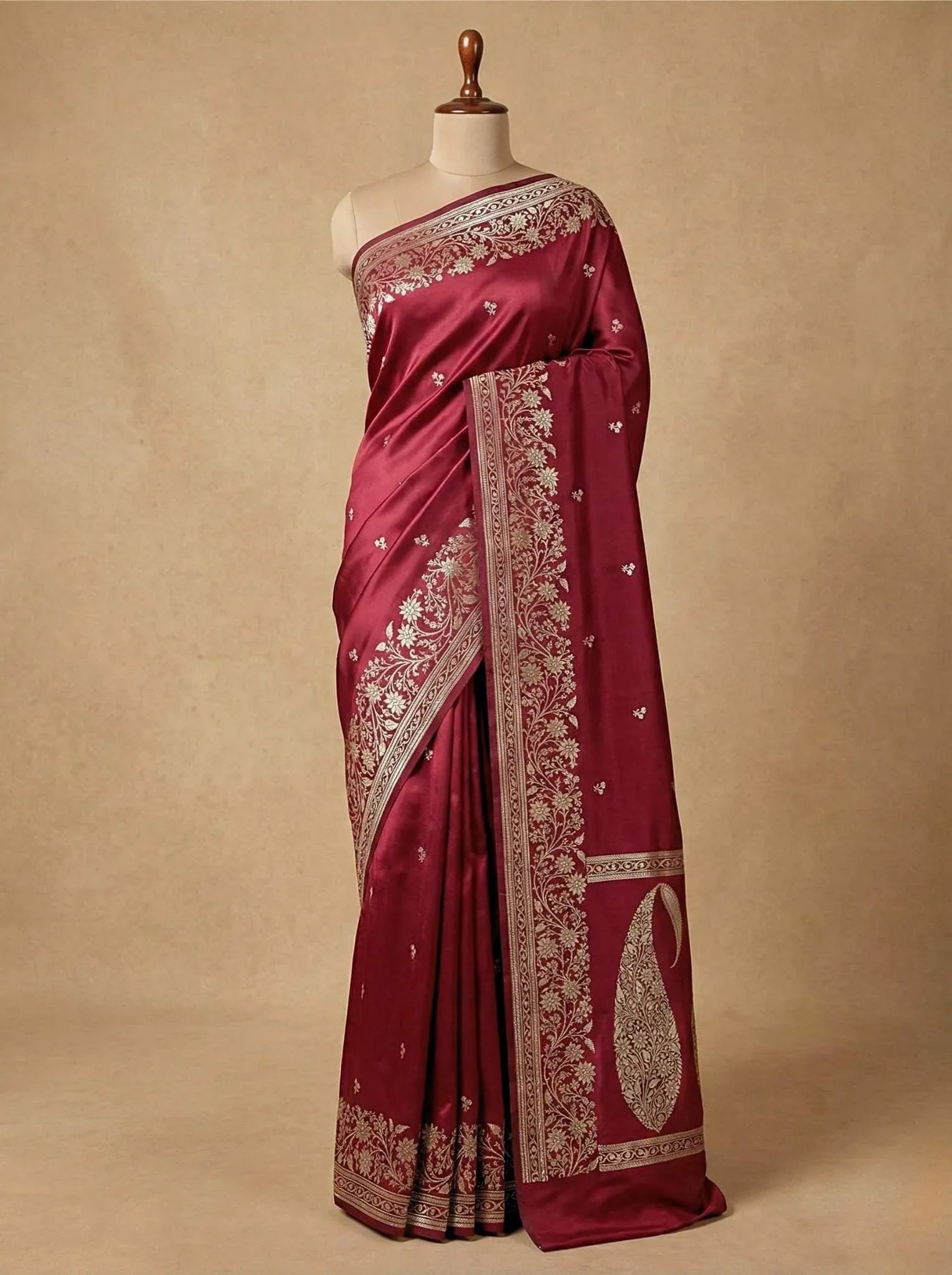 Deep Maroon Mashru Silk Zari Open Border Carry Aanchal Booti Saree - Katan Banaras