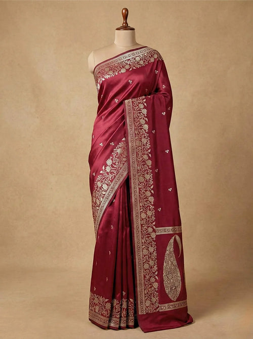 Deep Maroon Mashru Silk Zari Open Border Carry Aanchal Booti Saree - Katan Banaras