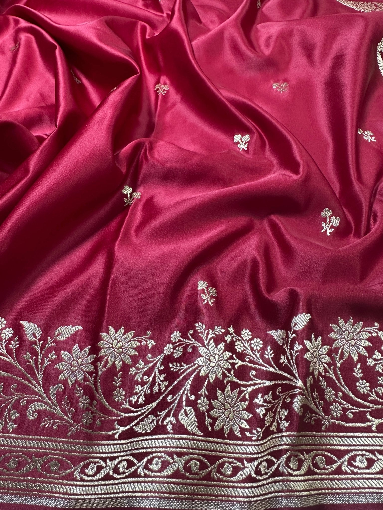 Deep Maroon Mashru Silk Zari Open Border Carry Aanchal Booti Saree - Katan Banaras