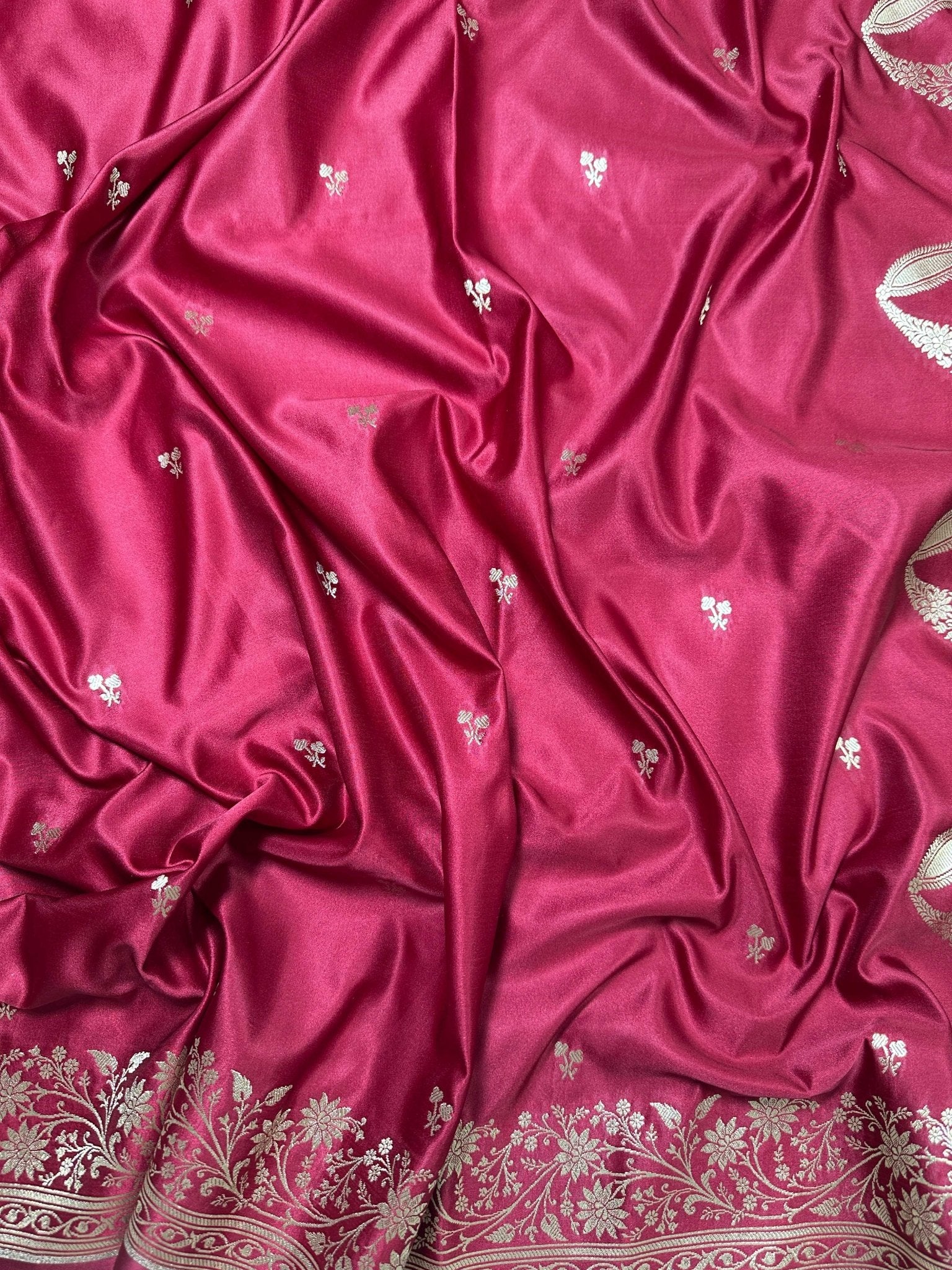 Deep Maroon Mashru Silk Zari Open Border Carry Aanchal Booti Saree - Katan Banaras