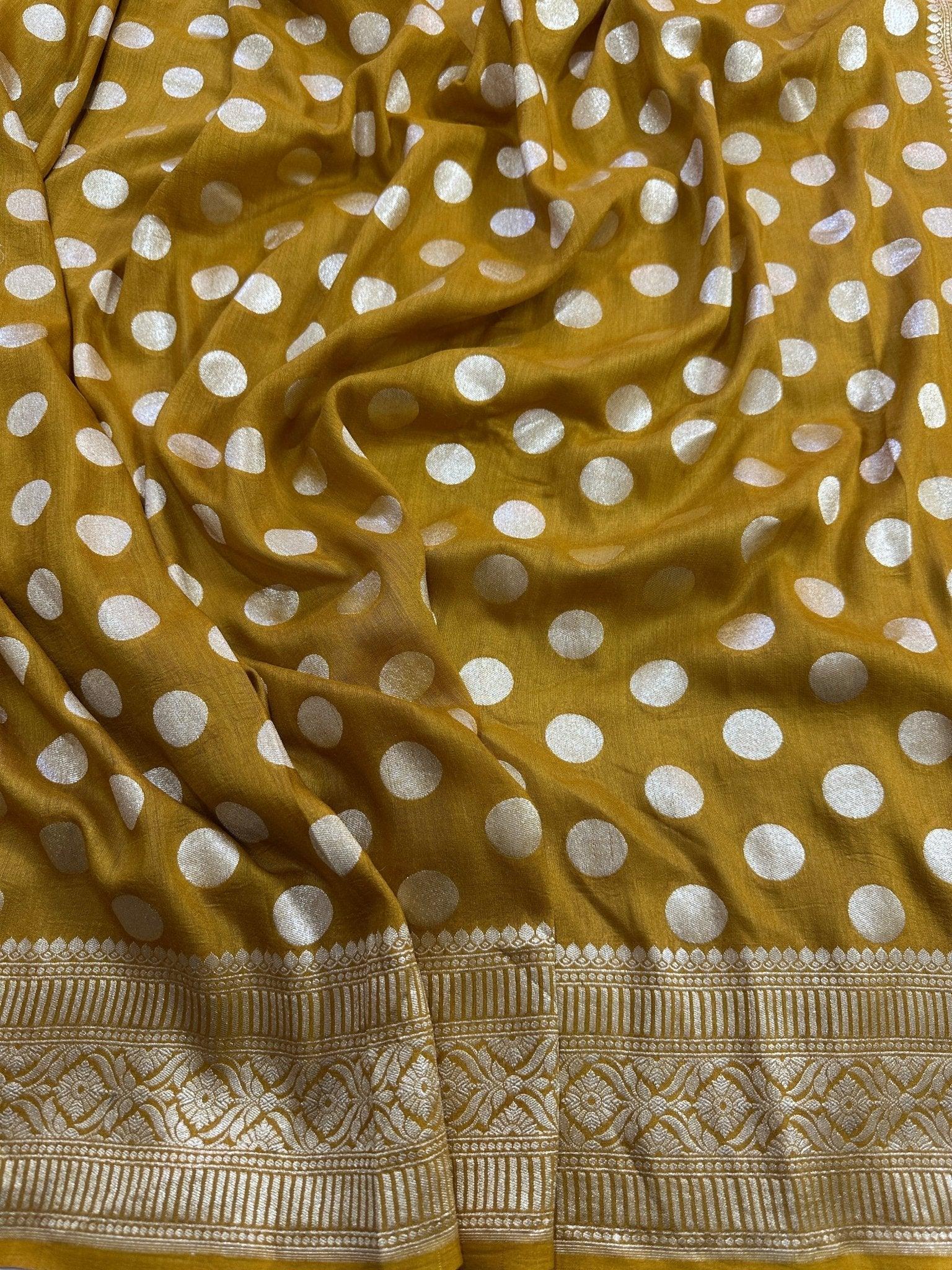 Deep Mustard Pure Moonga Silk Banarasi Saree - Uppada Handwoven Festive Wear - front view | Pure Moonga Silk Banarasi Saree