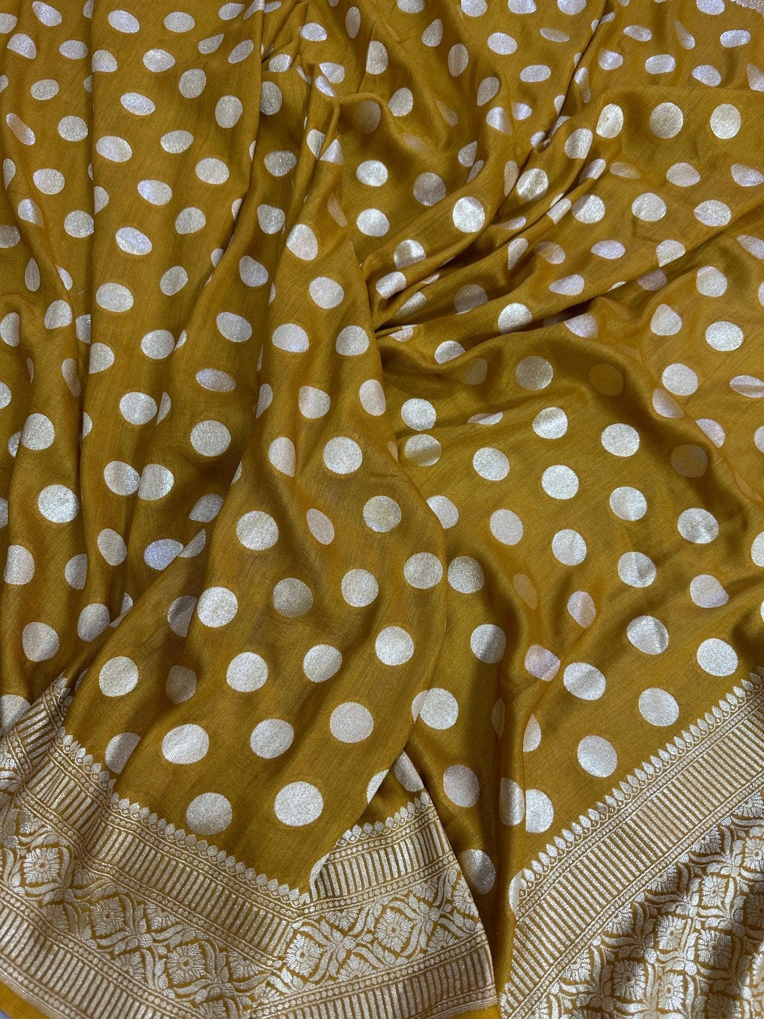 Deep Mustard Pure Moonga Silk Banarasi Saree - Uppada Handwoven Festive Wear - pallu closeup | Pure Moonga Silk Banarasi Saree