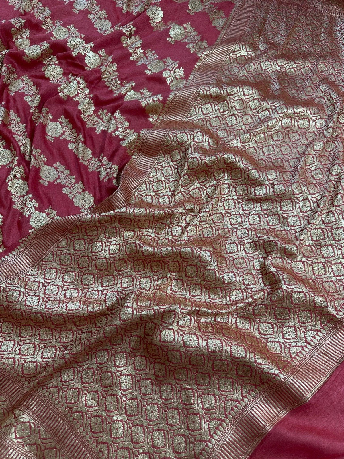 Deep Rani Rose Pink Pure Moonga Silk Banarasi Saree - Uppada Handwoven Festive Wear - drape side view | Pure Moonga Silk Banarasi Saree