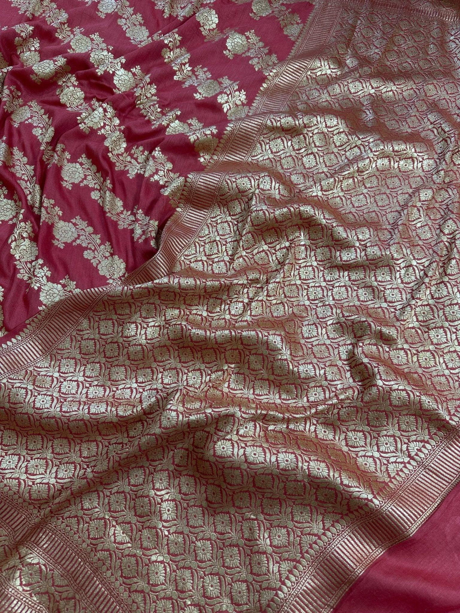 Deep Rani Rose Pink Pure Moonga Silk Banarasi Saree - Uppada Handwoven Festive Wear - drape side view | Pure Moonga Silk Banarasi Saree