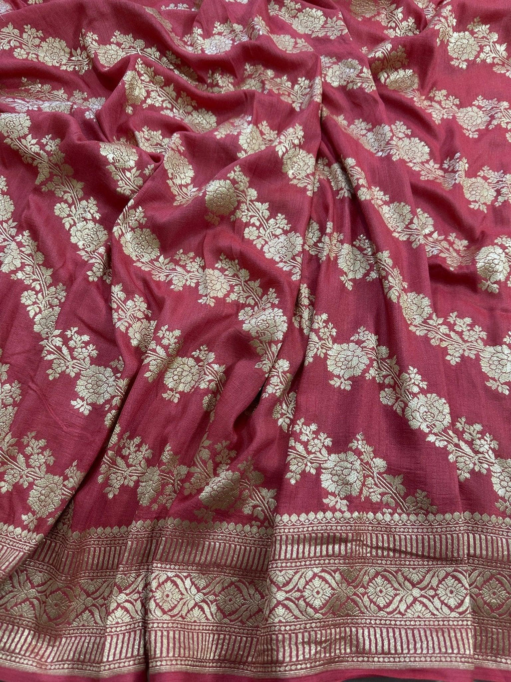 Deep Rani Rose Pink Pure Moonga Silk Banarasi Saree - Uppada Handwoven Festive Wear - front view | Pure Moonga Silk Banarasi Saree