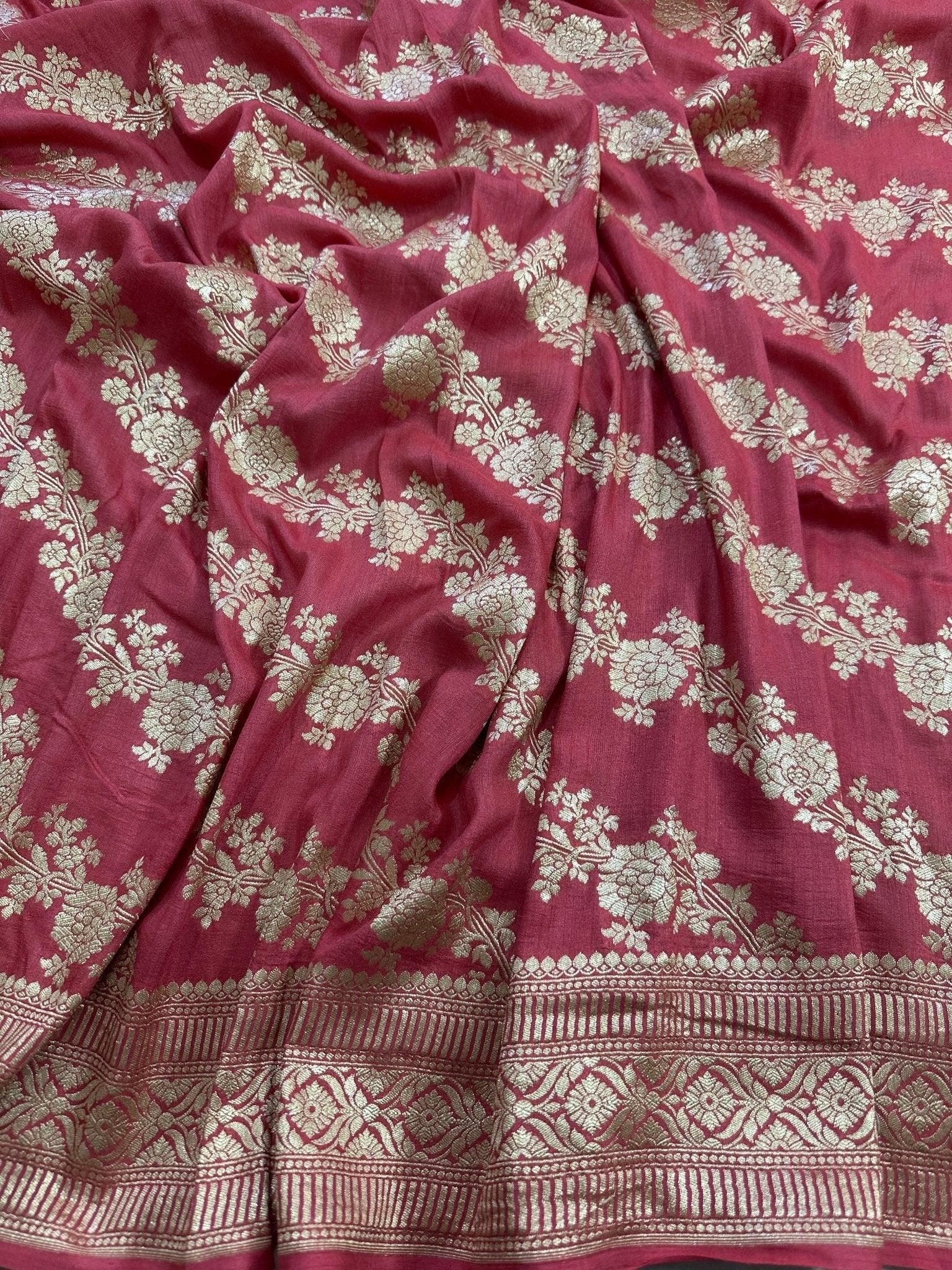 Deep Rani Rose Pink Pure Moonga Silk Banarasi Saree - Uppada Handwoven Festive Wear - front view | Pure Moonga Silk Banarasi Saree