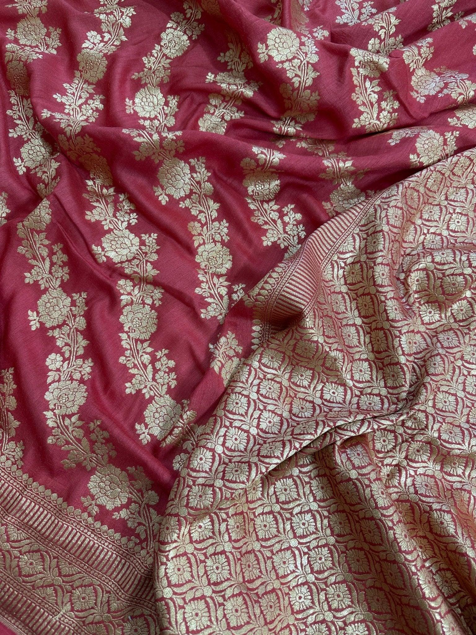 Deep Rani Rose Pink Pure Moonga Silk Banarasi Saree - Uppada Handwoven Festive Wear - pallu closeup | Pure Moonga Silk Banarasi Saree
