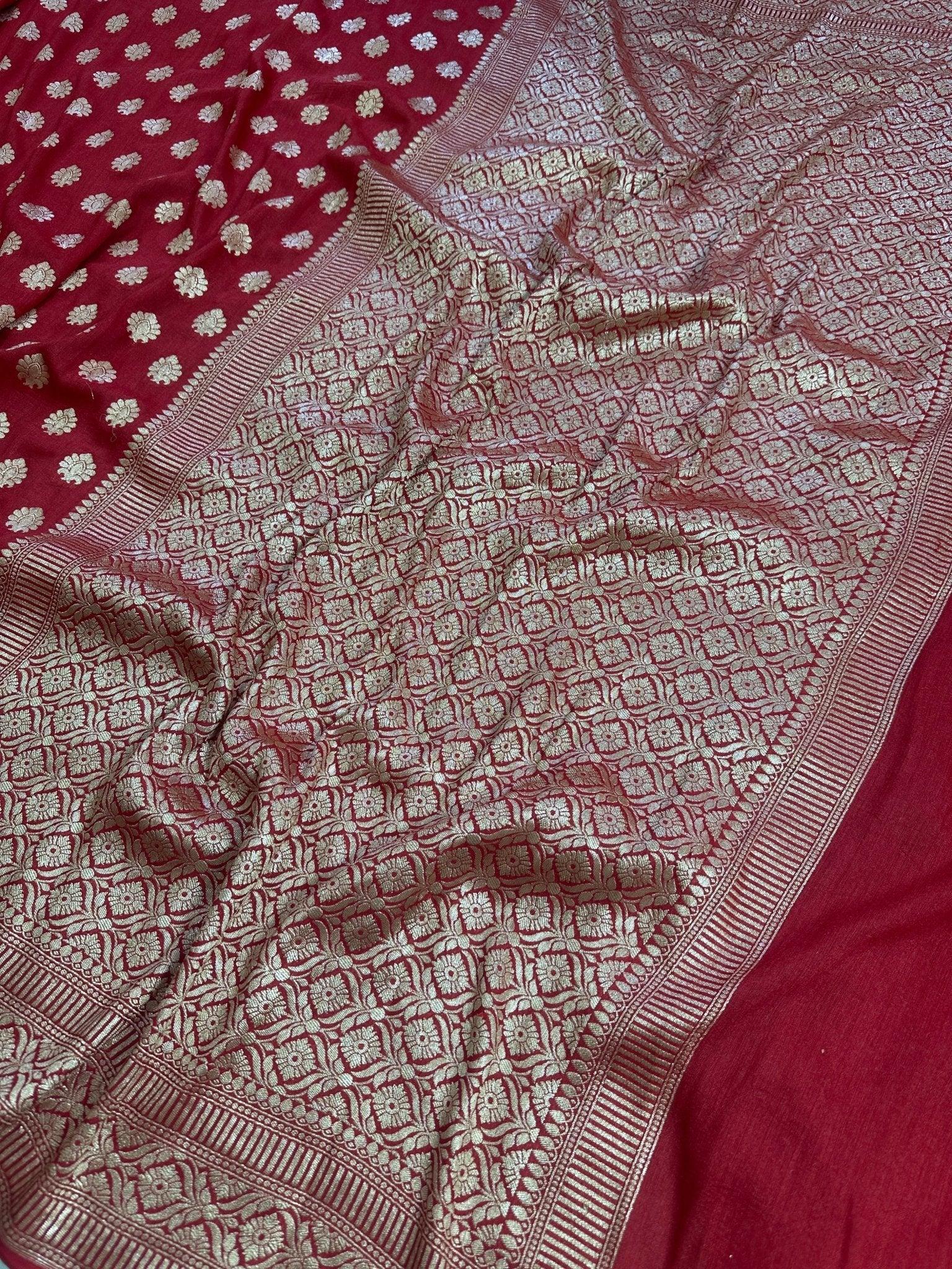 Deep Red Pure Moonga Silk Banarasi Saree - Gold Zari Uppada Handwoven Festive Wear - border detail | Pure Moonga Silk Banarasi Saree