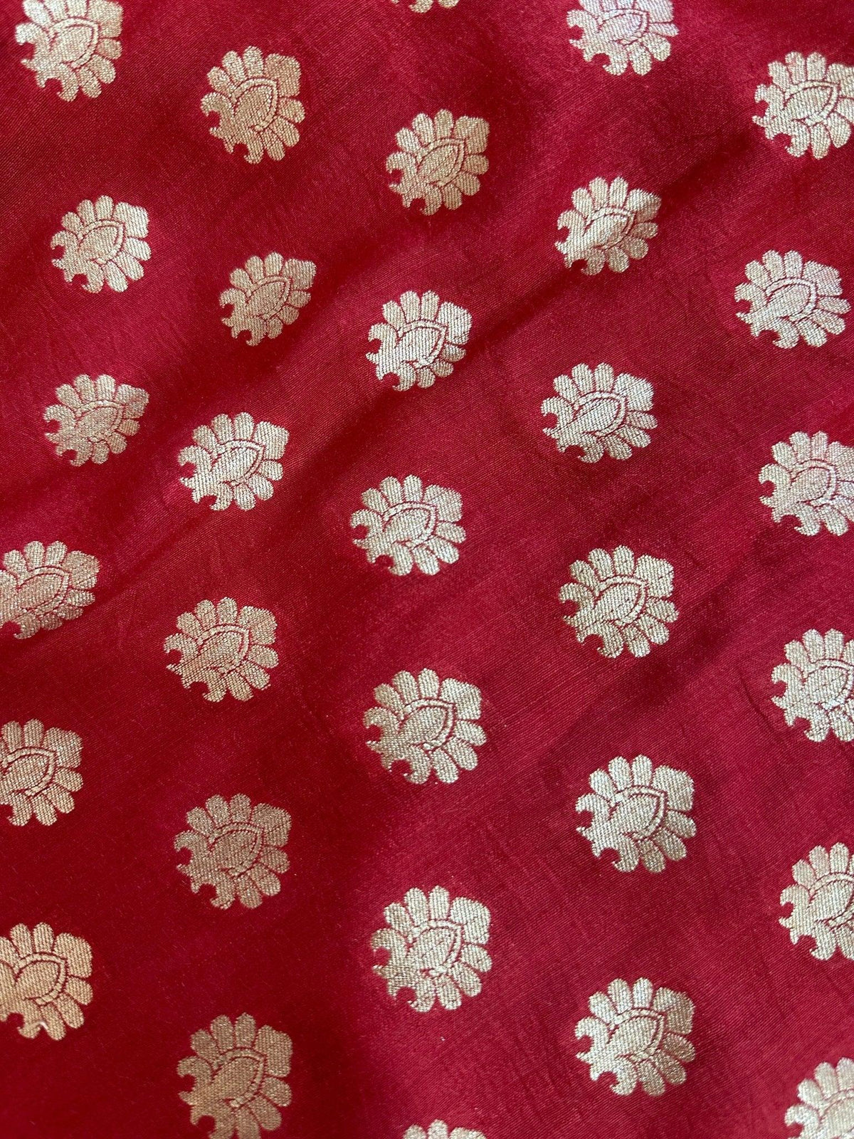 Deep Red Pure Moonga Silk Banarasi Saree - Gold Zari Uppada Handwoven Festive Wear - drape side view | Pure Moonga Silk Banarasi Saree