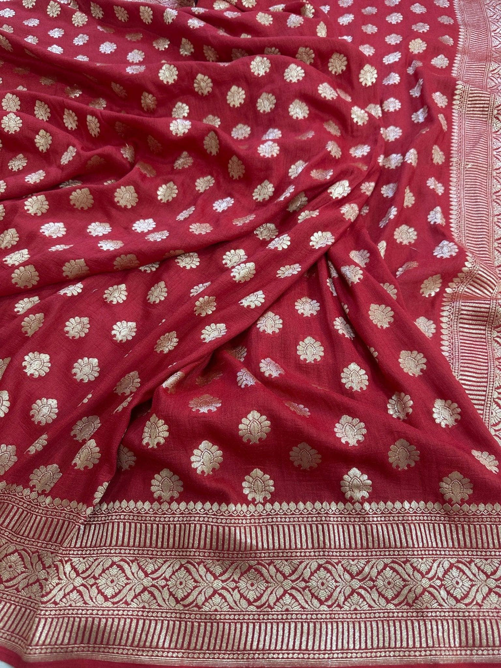 Deep Red Pure Moonga Silk Banarasi Saree - Gold Zari Uppada Handwoven Festive Wear - front view | Pure Moonga Silk Banarasi Saree