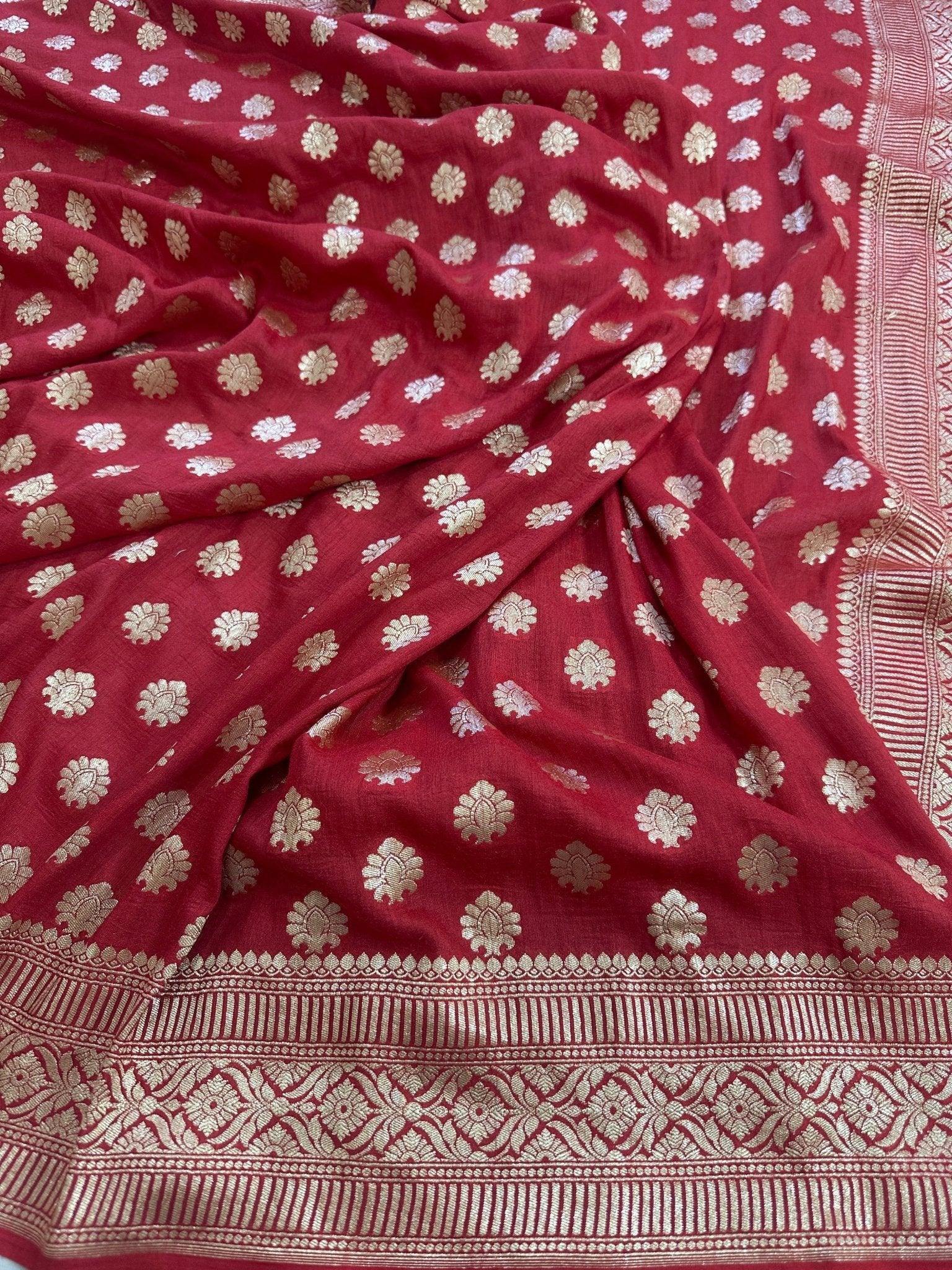 Deep Red Pure Moonga Silk Banarasi Saree - Gold Zari Uppada Handwoven Festive Wear - front view | Pure Moonga Silk Banarasi Saree