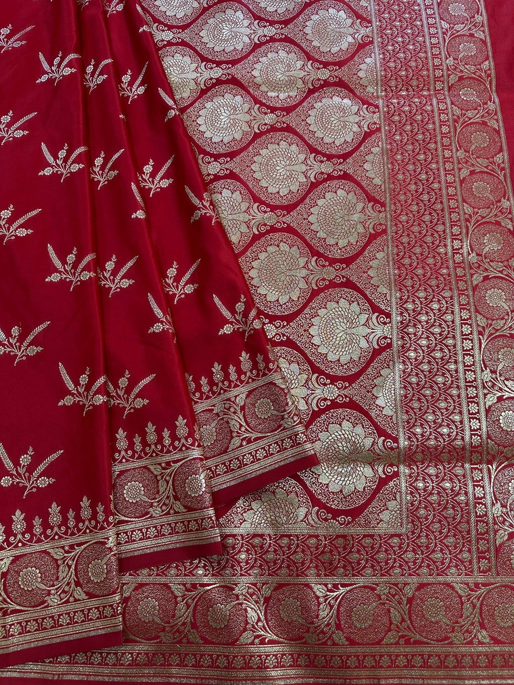 Deep Red Satin Silk Banarasi Saree with Designer Border and Aanchal - Katan Banaras