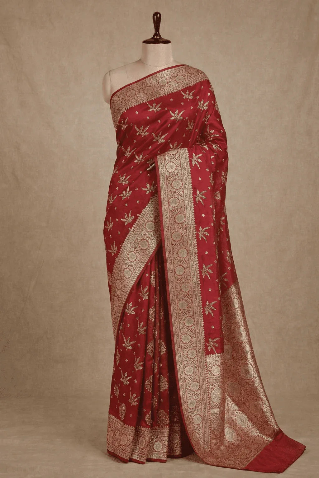 Deep Red Satin Silk Banarasi Saree with Designer Border and Aanchal - Katan Banaras
