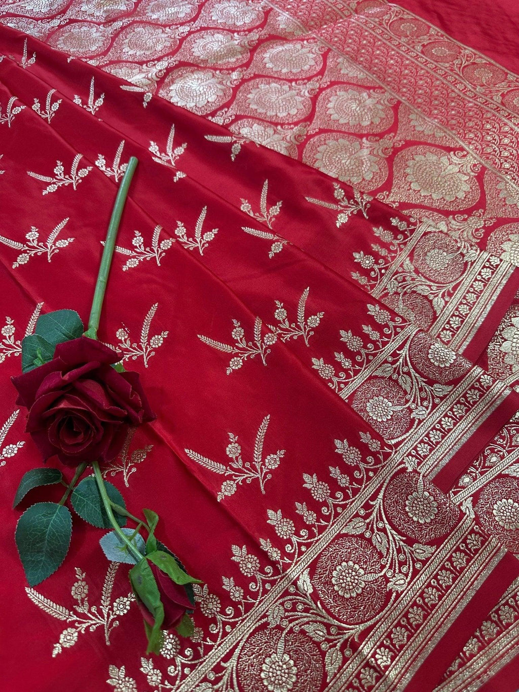 Deep Red Satin Silk Banarasi Saree with Designer Border and Aanchal - Katan Banaras