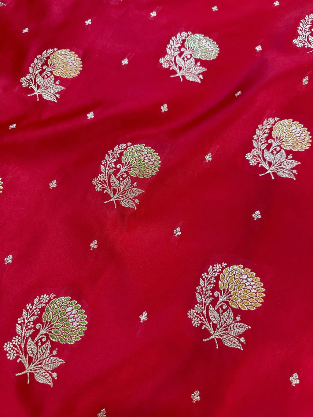 Deep Red Satin Silk Banarasi Saree with Mughal-Inspired Zari Aanchal - Katan Banaras
