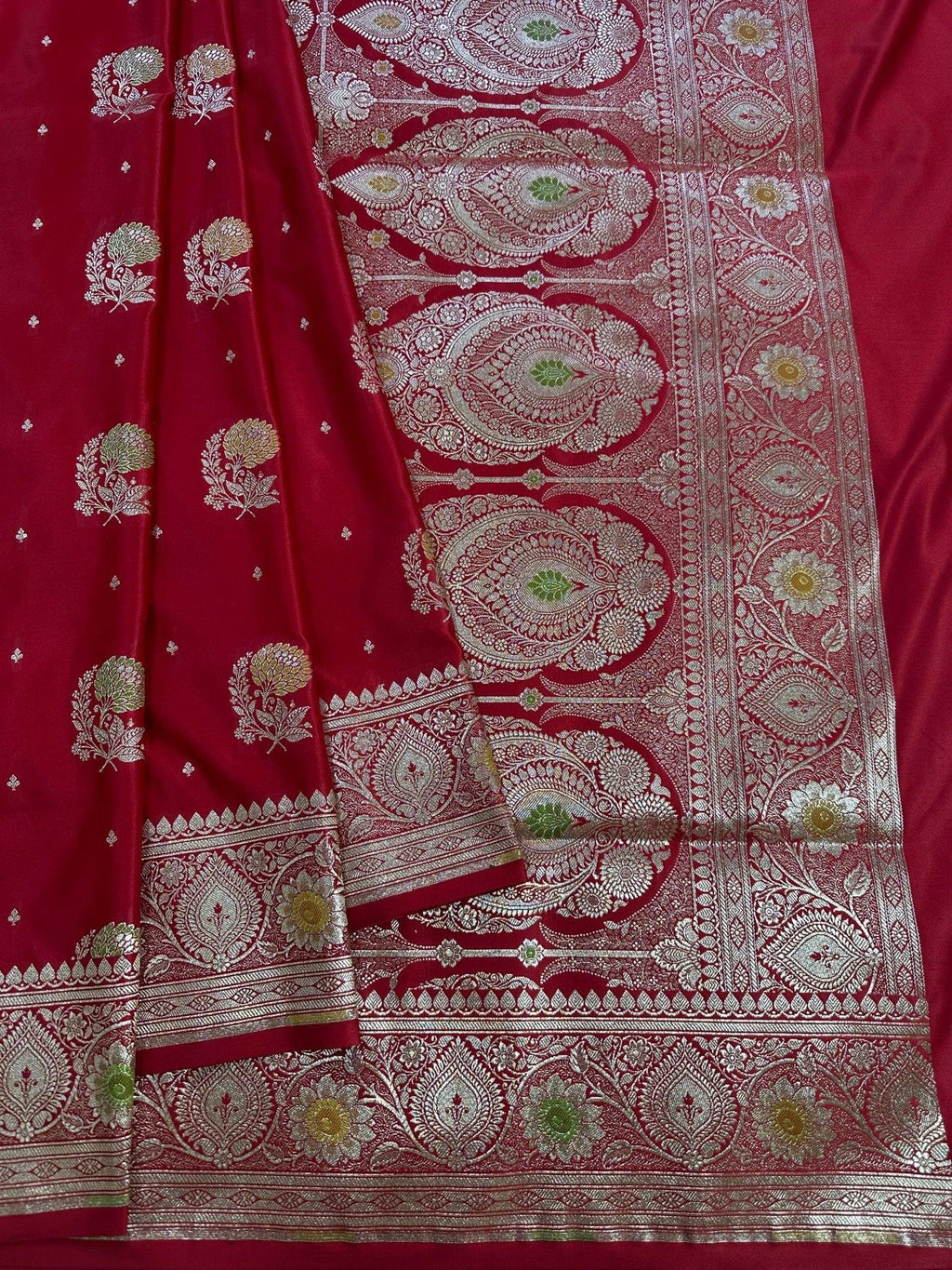 Deep Red Satin Silk Banarasi Saree with Mughal-Inspired Zari Aanchal - Katan Banaras