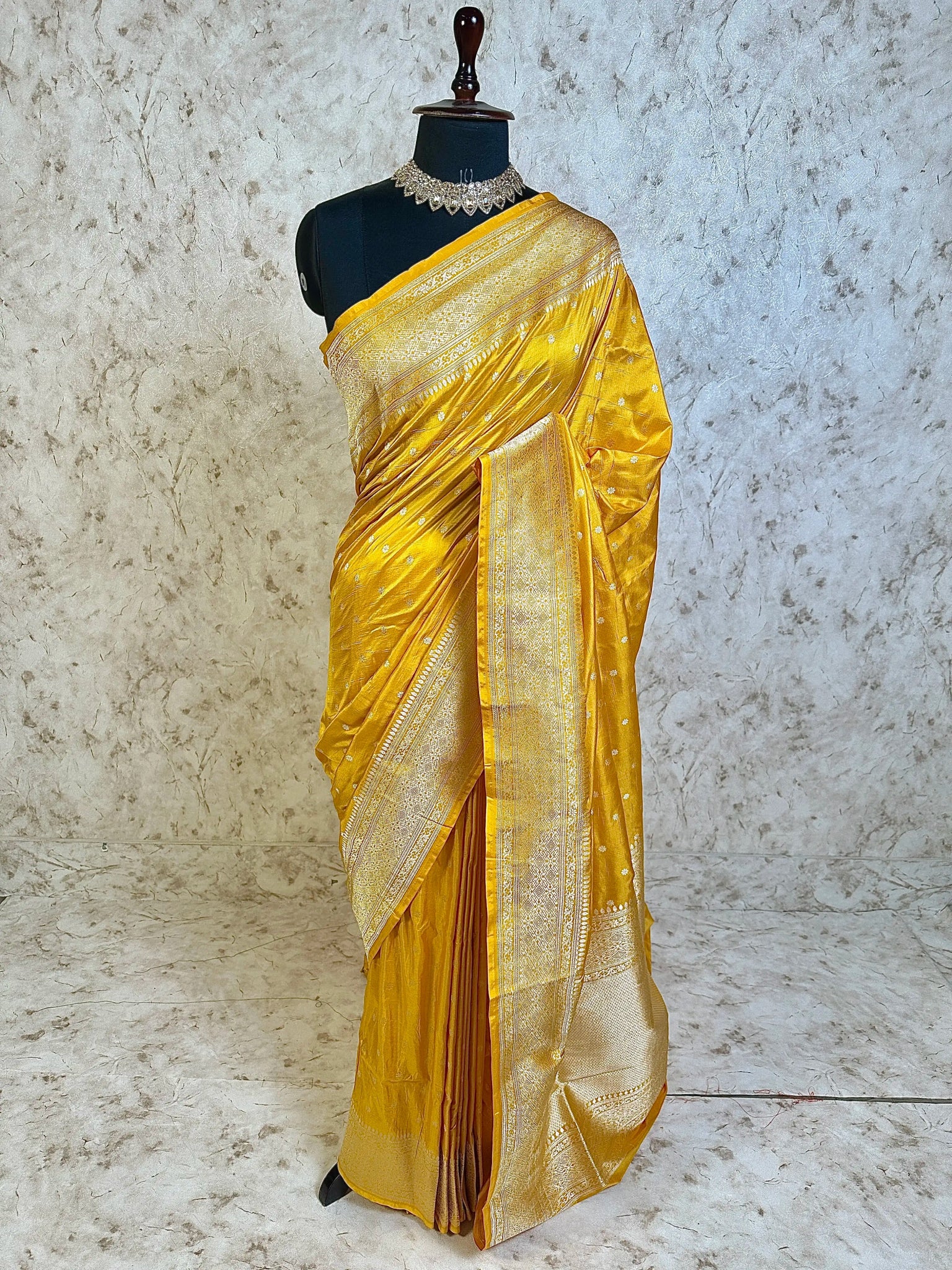Deep Yellow Pure Katan Silk Banarasi Saree with Silver Zari Buti & Traditional Handwoven Border - Katan Banaras