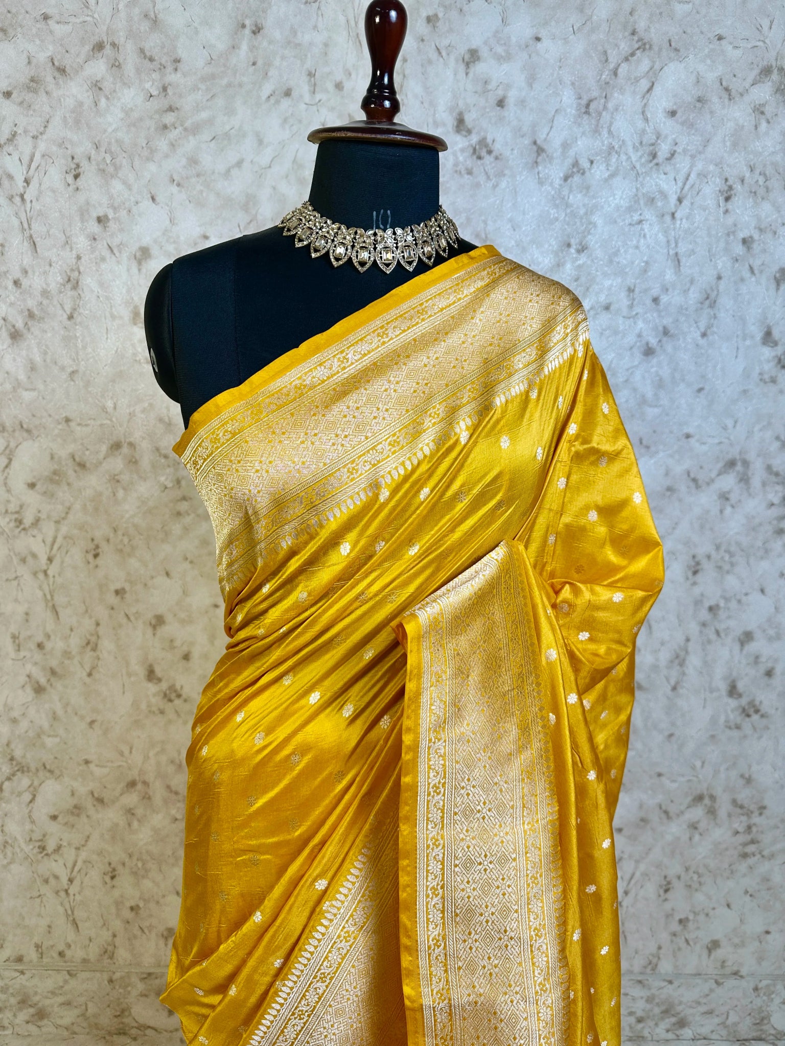 Deep Yellow Pure Katan Silk Banarasi Saree with Silver Zari Buti & Traditional Handwoven Border - Katan Banaras