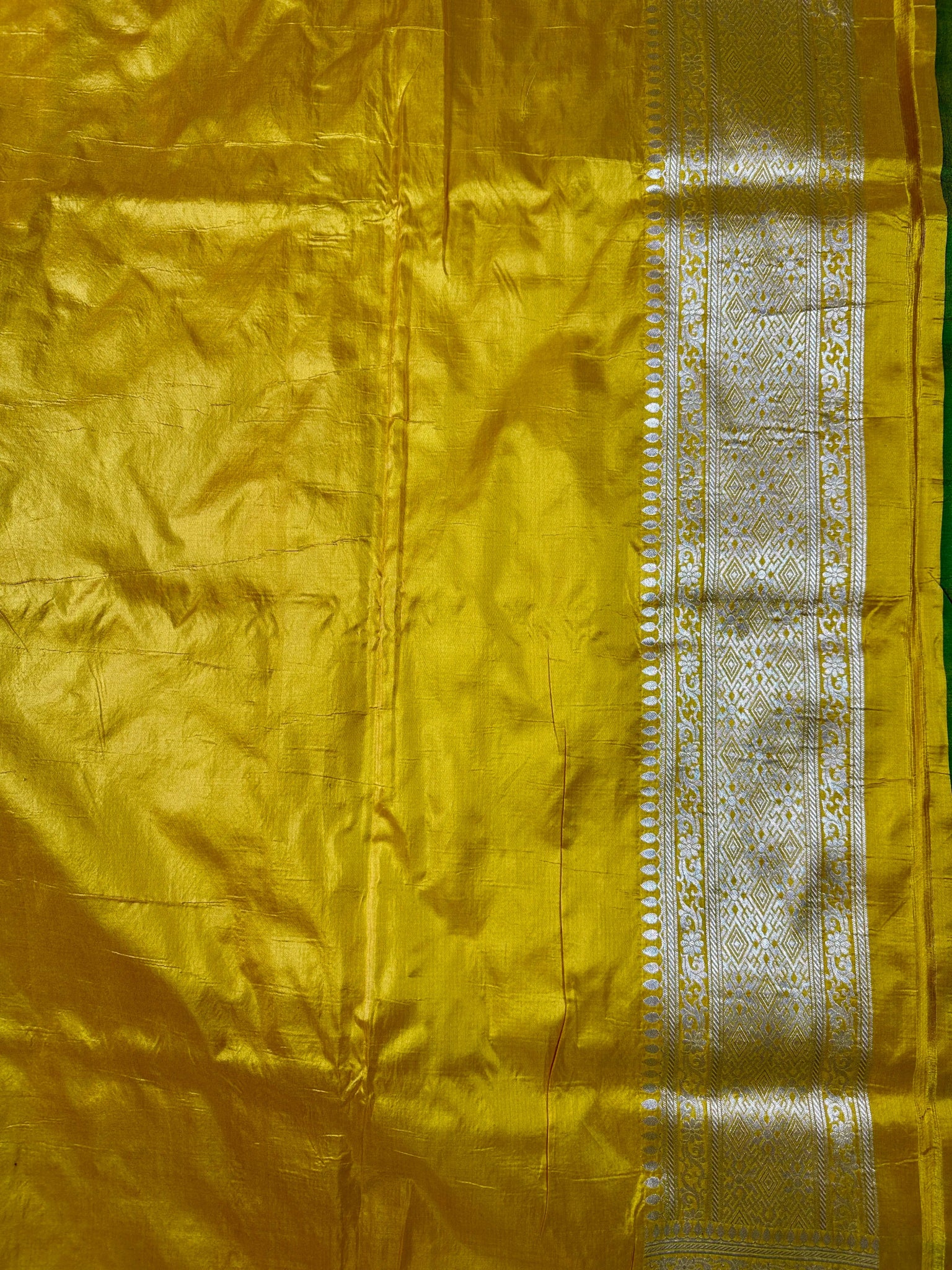 Deep Yellow Pure Katan Silk Banarasi Saree with Silver Zari Buti & Traditional Handwoven Border - Katan Banaras