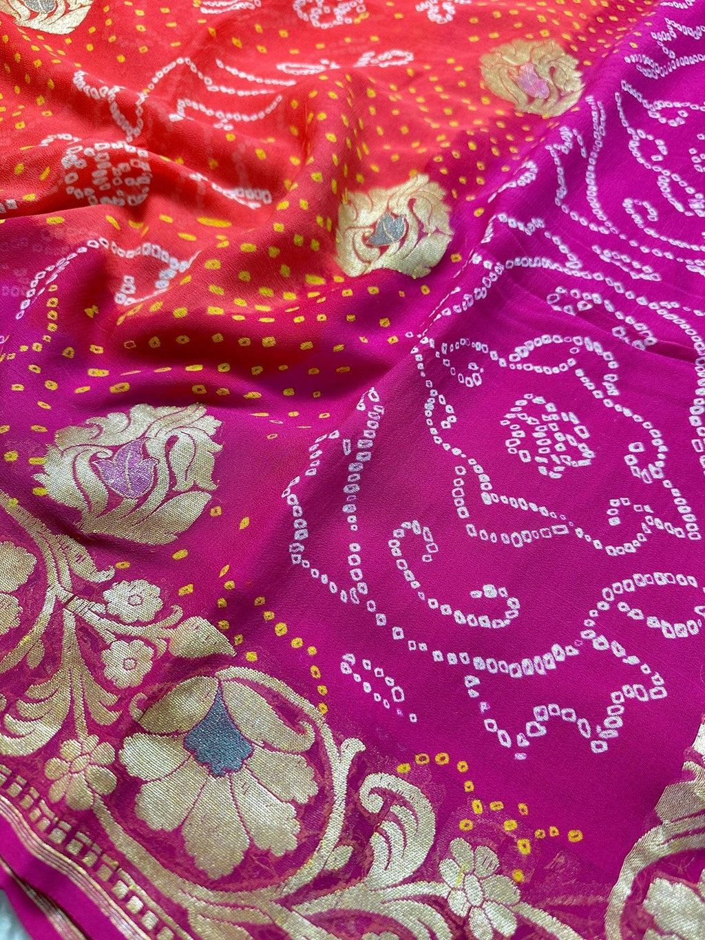 Dual Shaded Bright Vermilion Red-Deep Magenta Pure Khaddi Georgette Bandhani Saree with Banarasi Zari Border - Katan Banaras