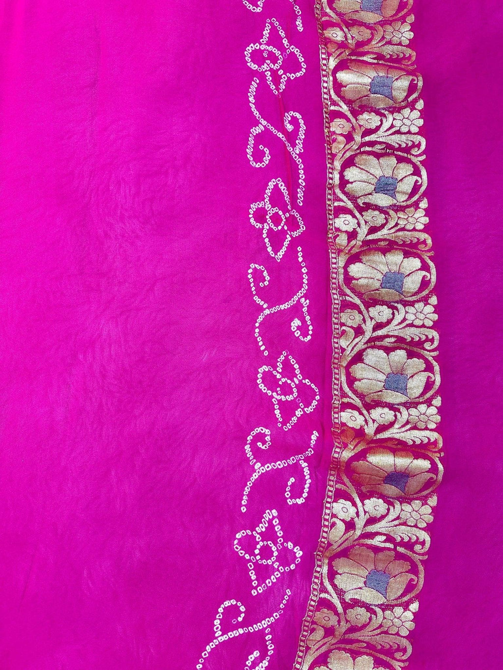 Dual Shaded Bright Vermilion Red-Deep Magenta Pure Khaddi Georgette Bandhani Saree with Banarasi Zari Border - Katan Banaras