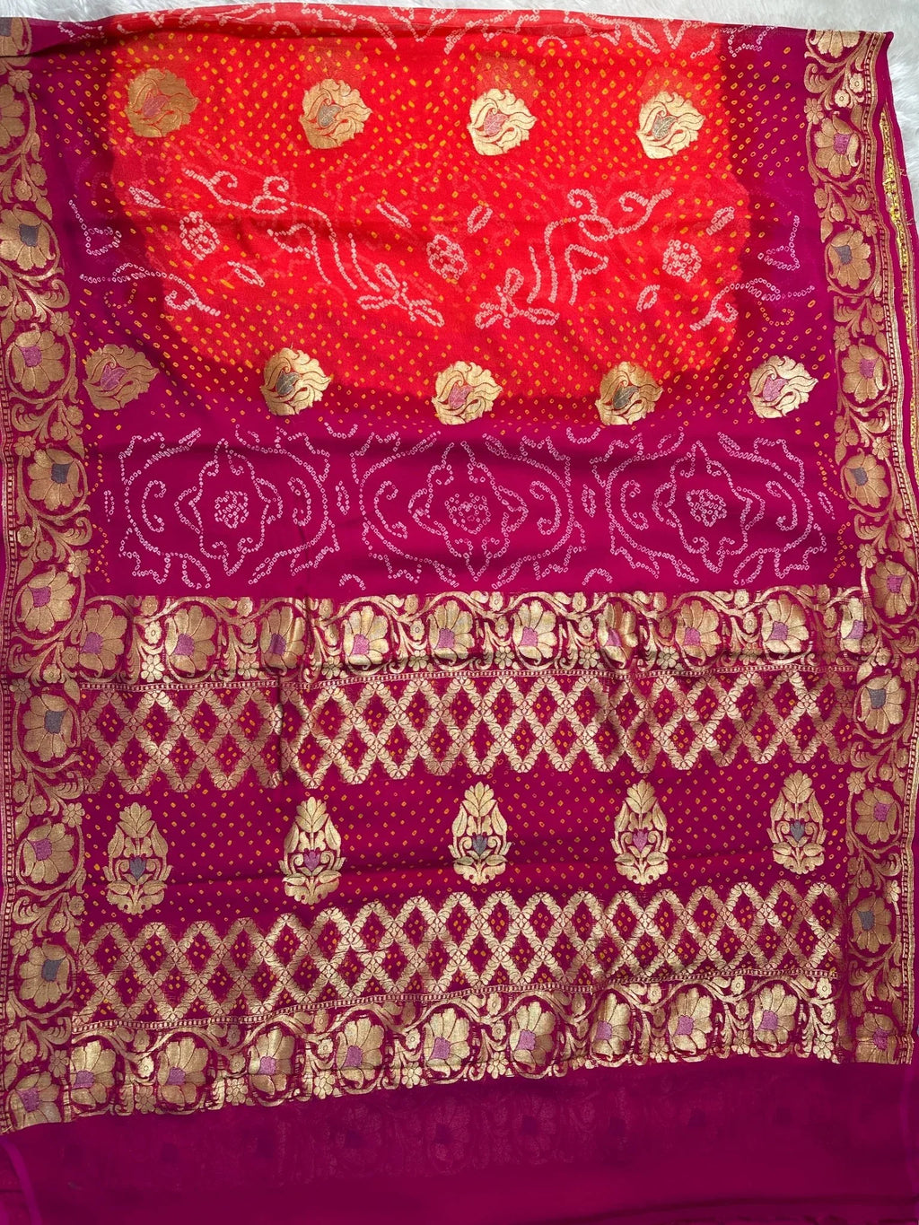 Dual Shaded Bright Vermilion Red-Deep Magenta Pure Khaddi Georgette Bandhani Saree with Banarasi Zari Border - Katan Banaras