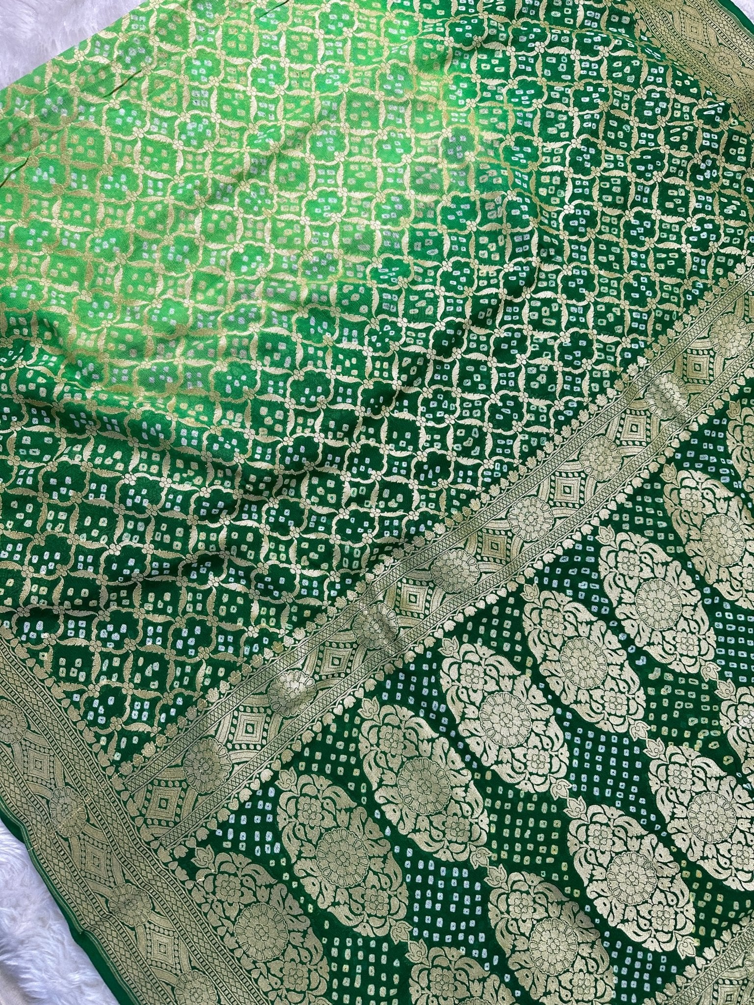 Dual Shaded Forest - Emerald Green Pure Khaddi Georgette Bandhani Saree with Banarasi Zari Border - Katan Banaras