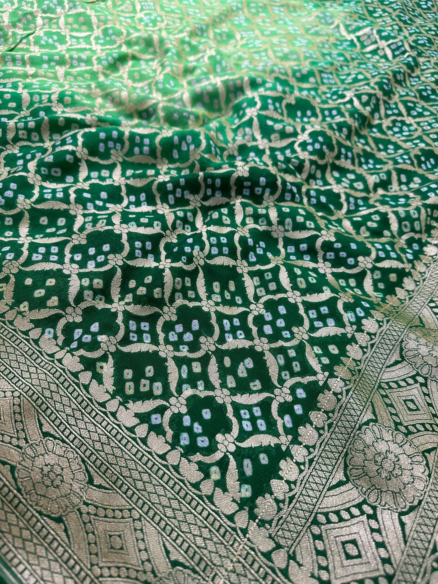 Dual Shaded Forest - Emerald Green Pure Khaddi Georgette Bandhani Saree with Banarasi Zari Border - Katan Banaras
